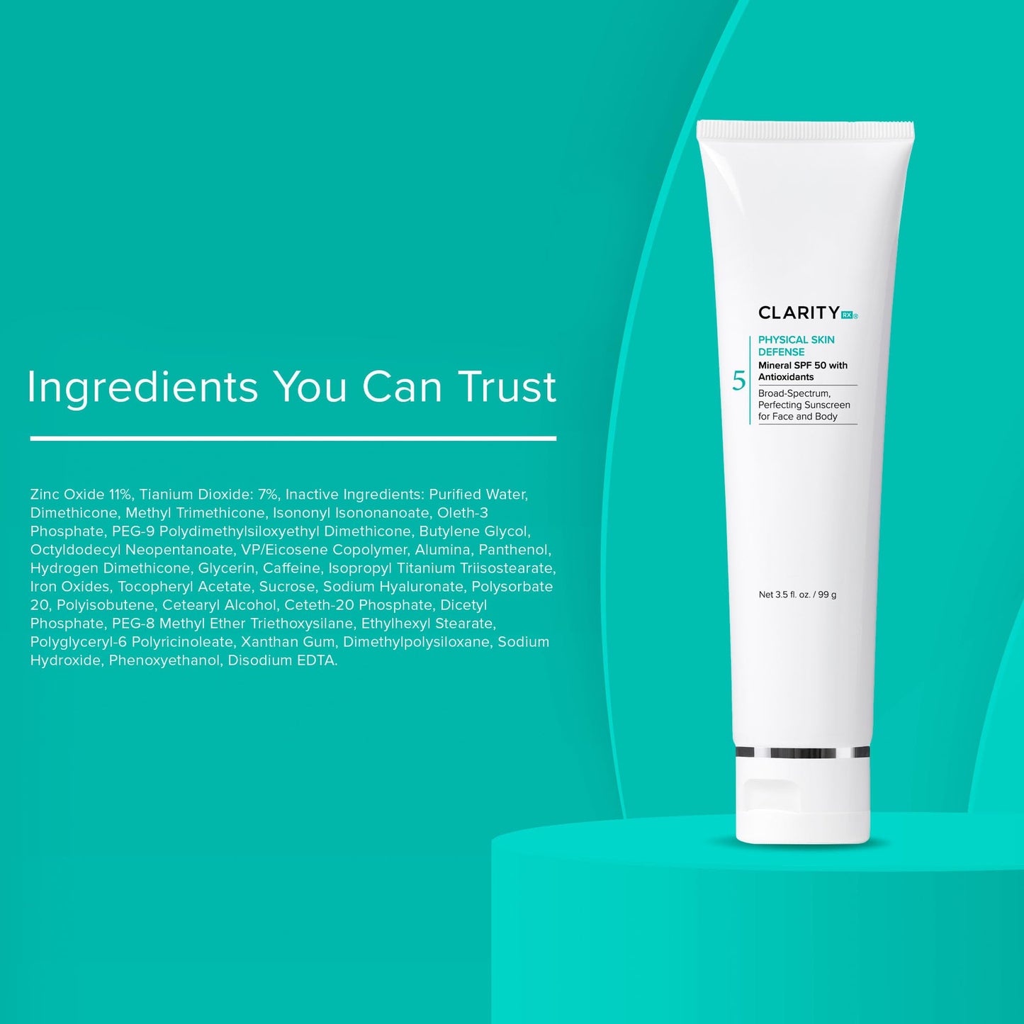 ClarityRx Physical Skin Defense Tinted Mineral SPF 50 Moisturizing Sunscreen, Natural Plant-Based Water-Resistant UV Protection with Zinc & Hyaluronic Acid for Face & Body (3.5 oz)