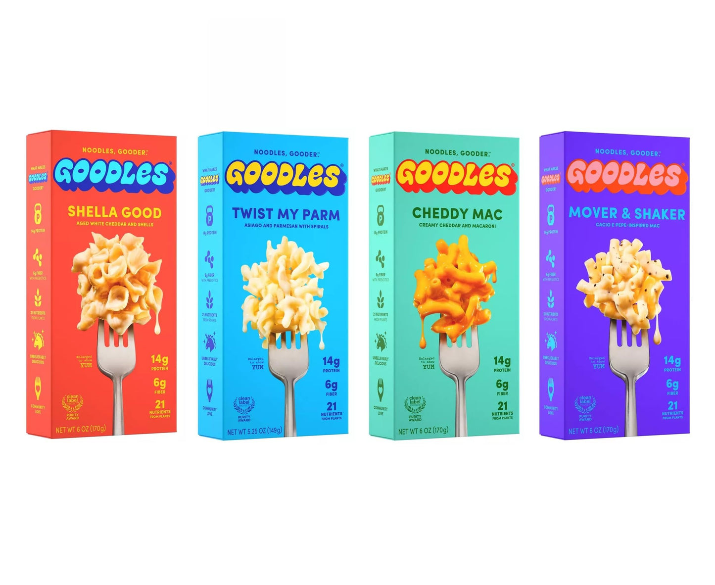 Goodles Mac & Cheese Assortment 4 Pack, 6oz - 14g Protein, 6g Fiber with Prebiotics, 21 Plant-Based Nutrients and Made w/REAL Cheese! | Clean Label Certified