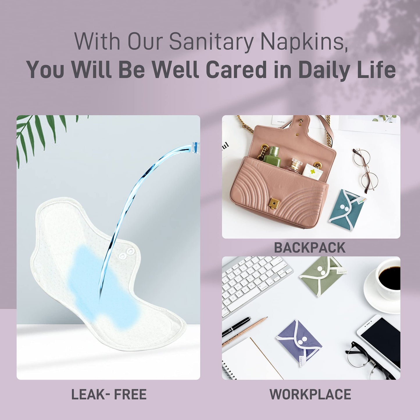 Langsprit Reusable Sanitary Pads for Women - Feminine Menstrual Pads 6pcs Set, Regular Absorbency Cotton Washable Cloth, Mini Wet Bag, Leakfree and Periods (Small)