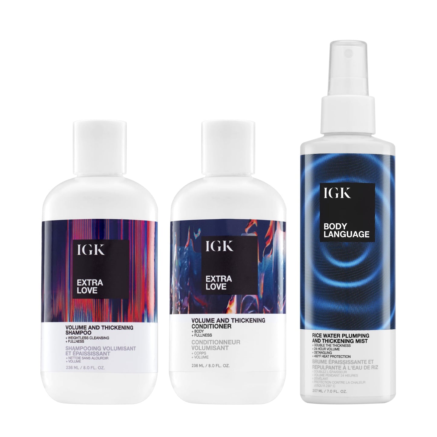 IGK Extra Love Shampoo + Extra Love Conditioner + Body Language Rice Water Plumping Mist – Cleansing, Hydrating & Volumizing Hair Trio – Vegan & Cruelty-Free