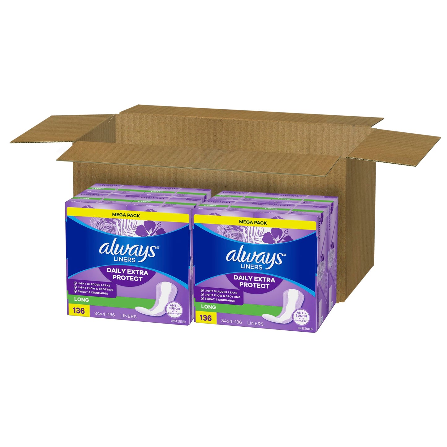 Always Daily Extra Protect Liners, Long Length, Unscented Panty Liners, 544 Count (Pack of 2)