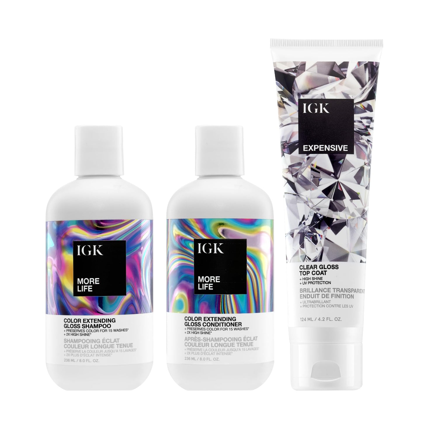 IGK More Life Shampoo + More Life Conditioner + Expensive Shine Gloss Treatment – Color-Protecting Hair Care & Styling Trio for Hydration, Shine & Manageability – Vegan & Cruelty-Free