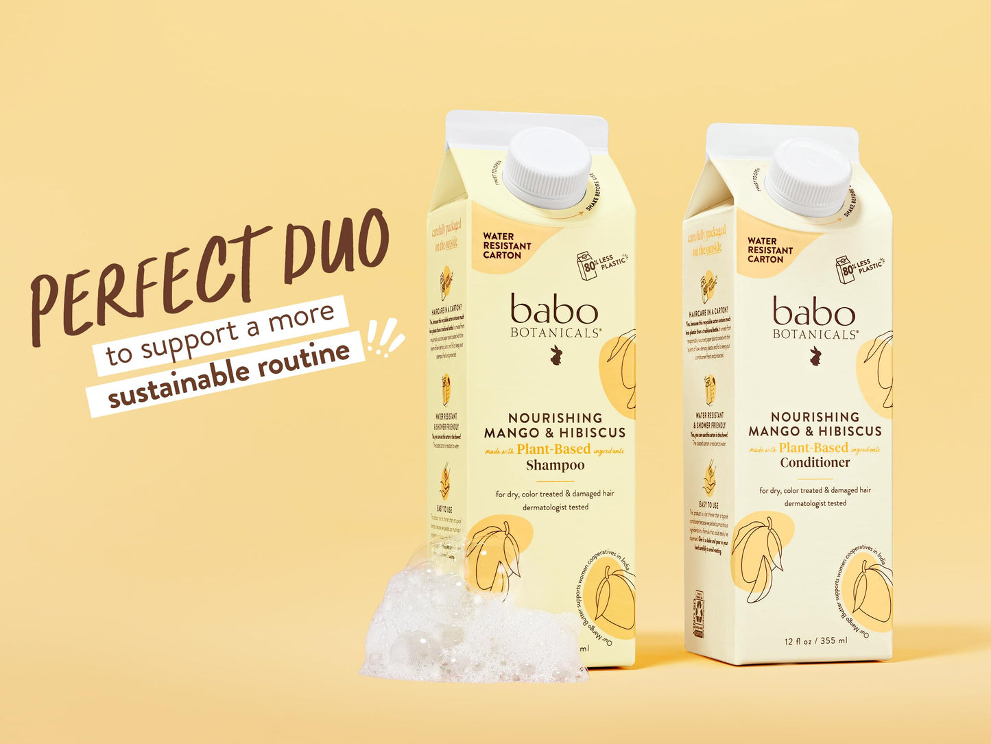 Babo Botanicals Nourishing Mango & Hibiscus Shampoo + Bundle with Conditioner- For Dry, Damaged, Color-Treated Hair – Moisturize & Soften - Passion Fruit Ferment for scalp