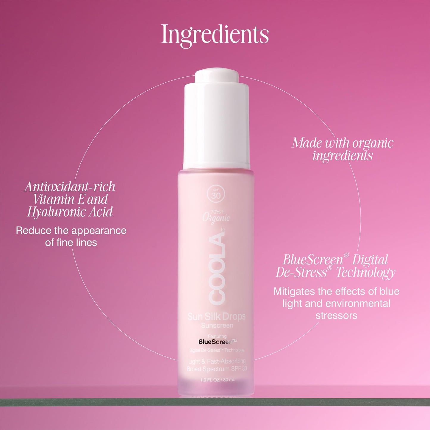 COOLA Organic Sun Silk Drops and Face Moisturizer with SPF 30, Dermatologist Tested Sunscreen with Plant-Derived BlueScreen Digital De-Stress Technology, 1 Fl Oz