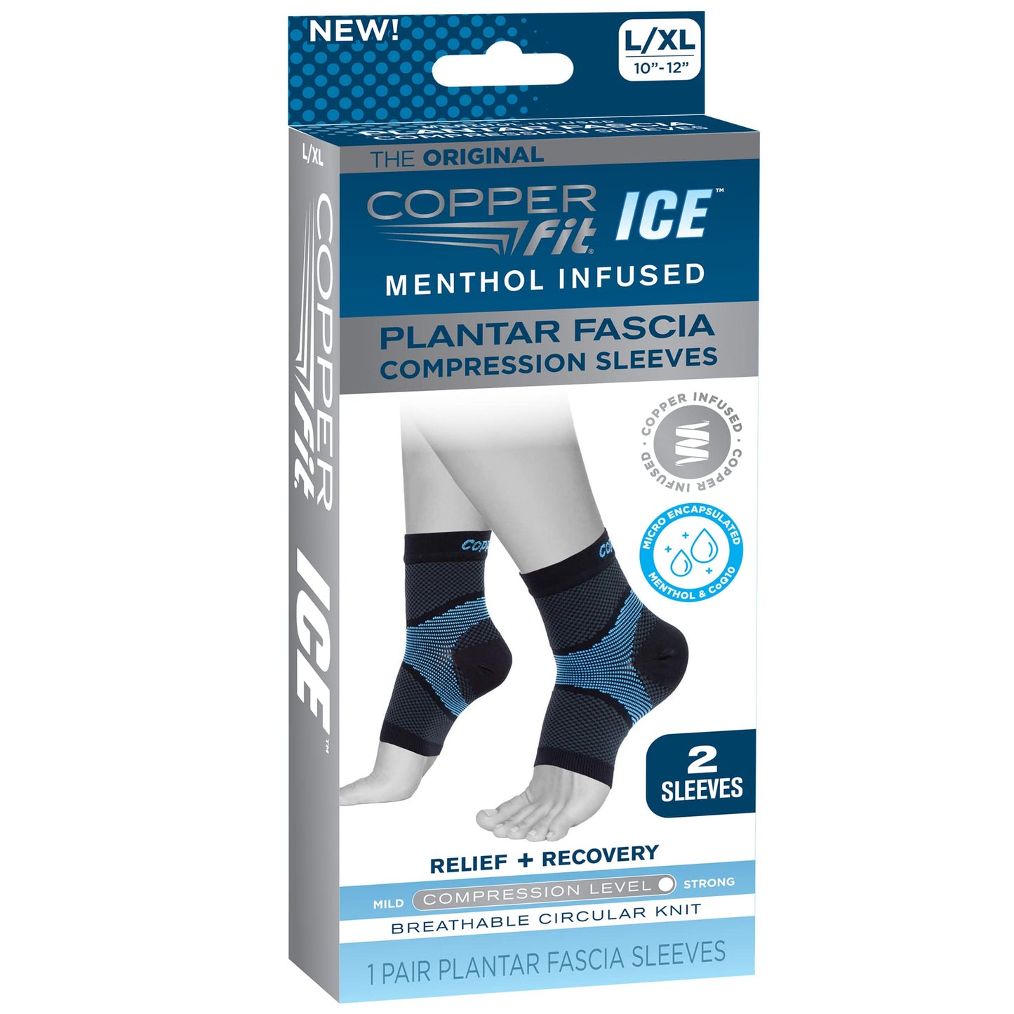 Copper Fit ICE Plantar Fascia Compression Foot and Ankle Sleeve Infused with Menthol, 1 Pair