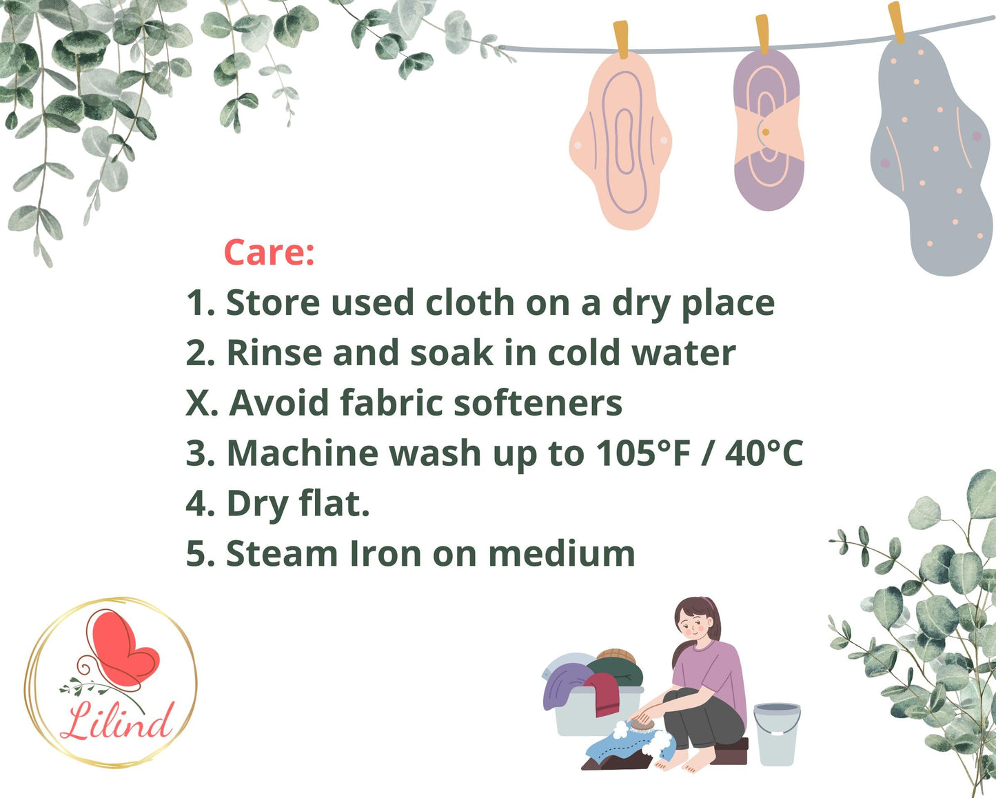 Lilind® 6 Pack Black Cloth Pads, Regular 9 inch 100% Cotton Reusable Menstrual Sanitary Napkins, Free Wet Bag, Complete Set, Zero Waste