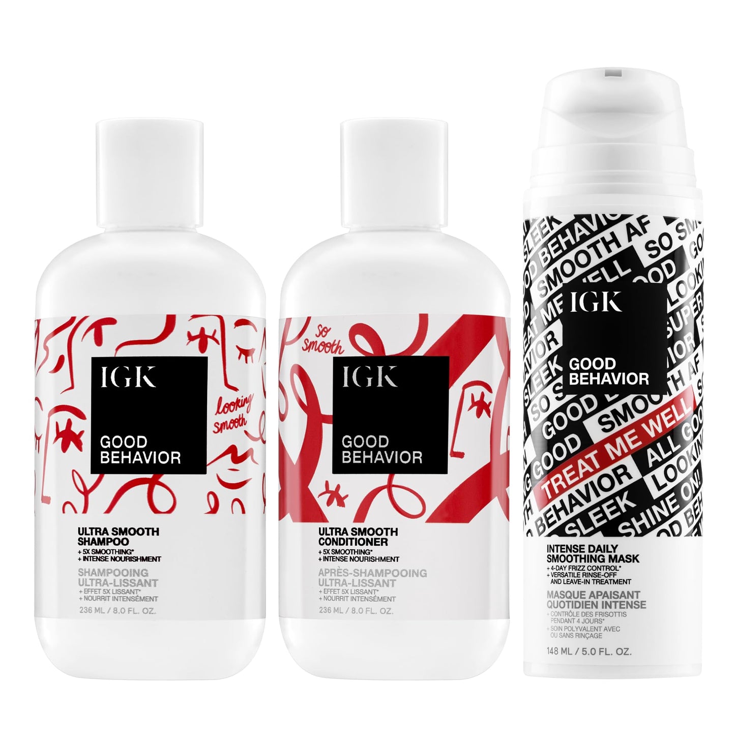 IGK Good Behavior Shampoo + Good Behavior Conditioner + Good Behavior Bonding Mask – Hair Cleansing, Hydrating & Repair Trio for Frizz Control, Smoothness & Shine – Vegan & Cruelty-Free