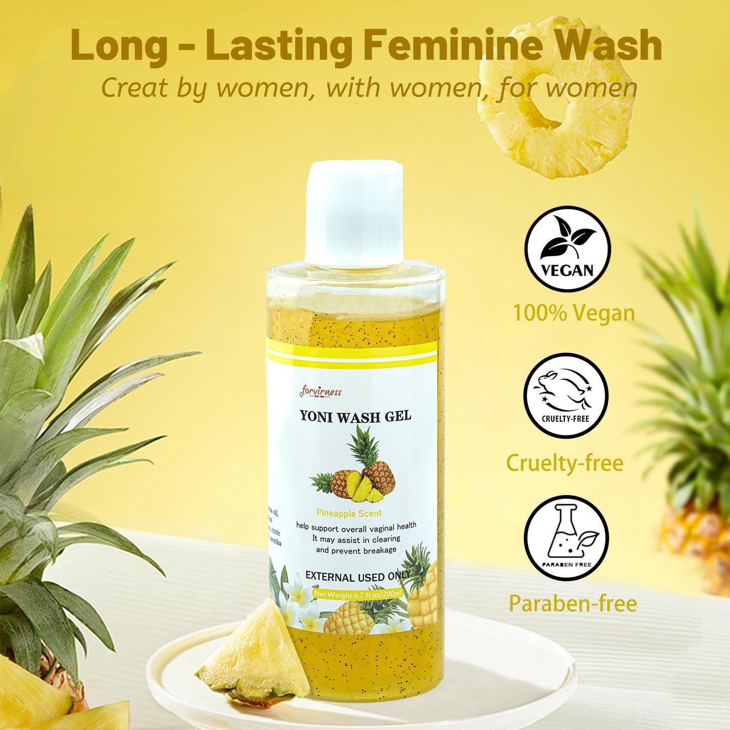 Yoni Wash Feminine Wash for Women PH Balance, Vaginal Wash for Vagina Moisturizing, Summer Feminine Care Intimate gel for Hygiene, Body Wash Shower Gel, Pineapple Scent Intimate shower gel 6.7 fl.oz