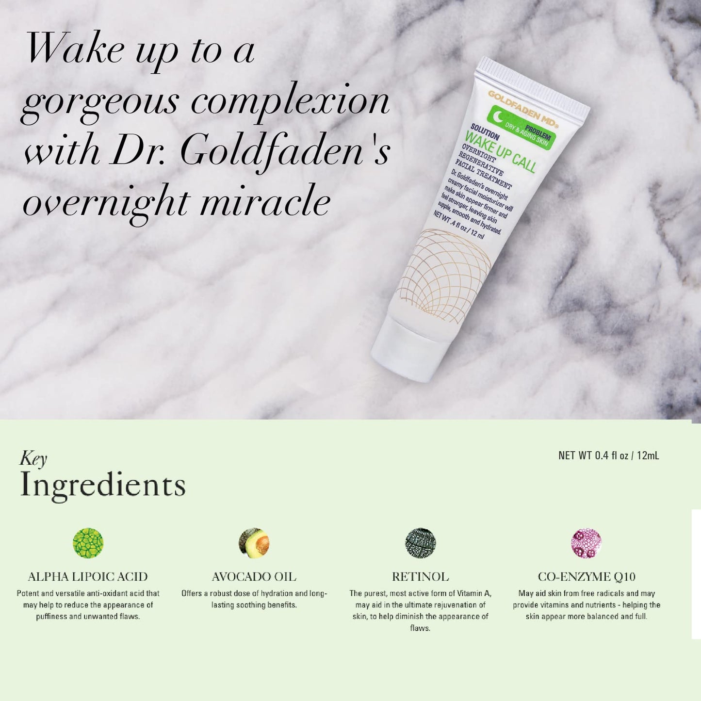 Dr. Goldfadens Wake Up Call Night Facial Moisturizer Night Cream for Dry & Aging Skin w/Alpha Lipoic Acid, Avocado Oil Retinol, Co-enzyme Q10 TRIAL .41 Fl Oz