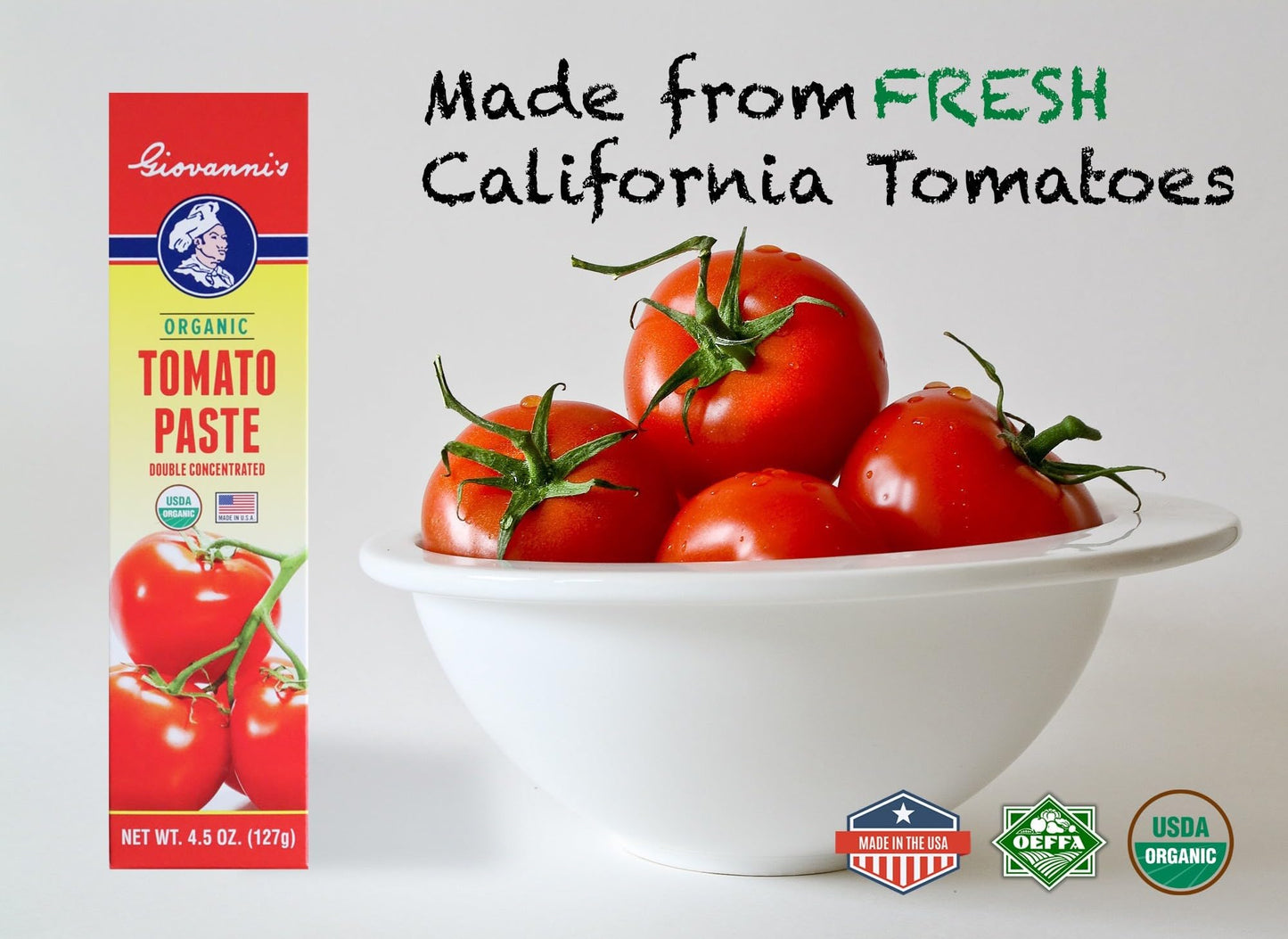 Giovanni’s Organic Double Concentrated Tomato Paste – Single (4.5 oz Tube) | Made in the USA with Vine-Ripened California Tomatoes, Non-GMO, No Additives, Rich Flavor