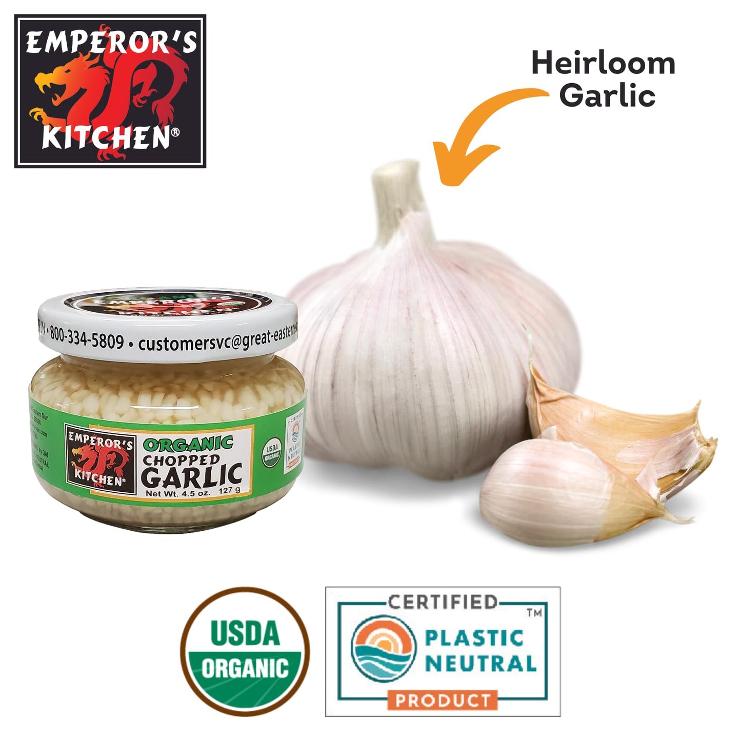 Emperor's Kitchen Organic Chopped Garlic, USDA Certified Organic, Vegan, Ready to Use, 4.5 oz jar