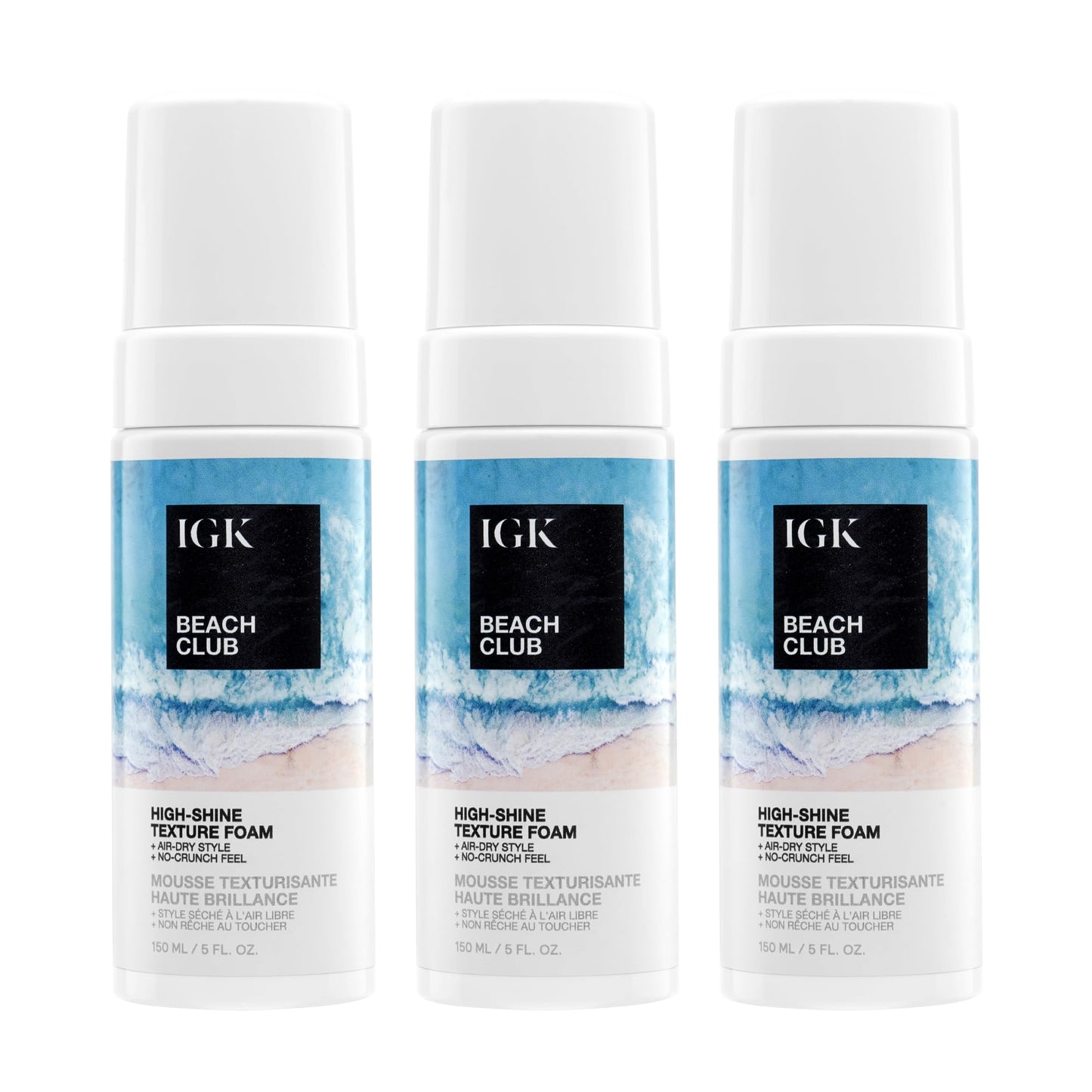 IGK Beach Club High-Shine Texture Foam 3 pack – Salt-Free Air-Dry Foam for Beach Waves, Frizz Control, and UV Protection – Vegan & Cruelty-Free