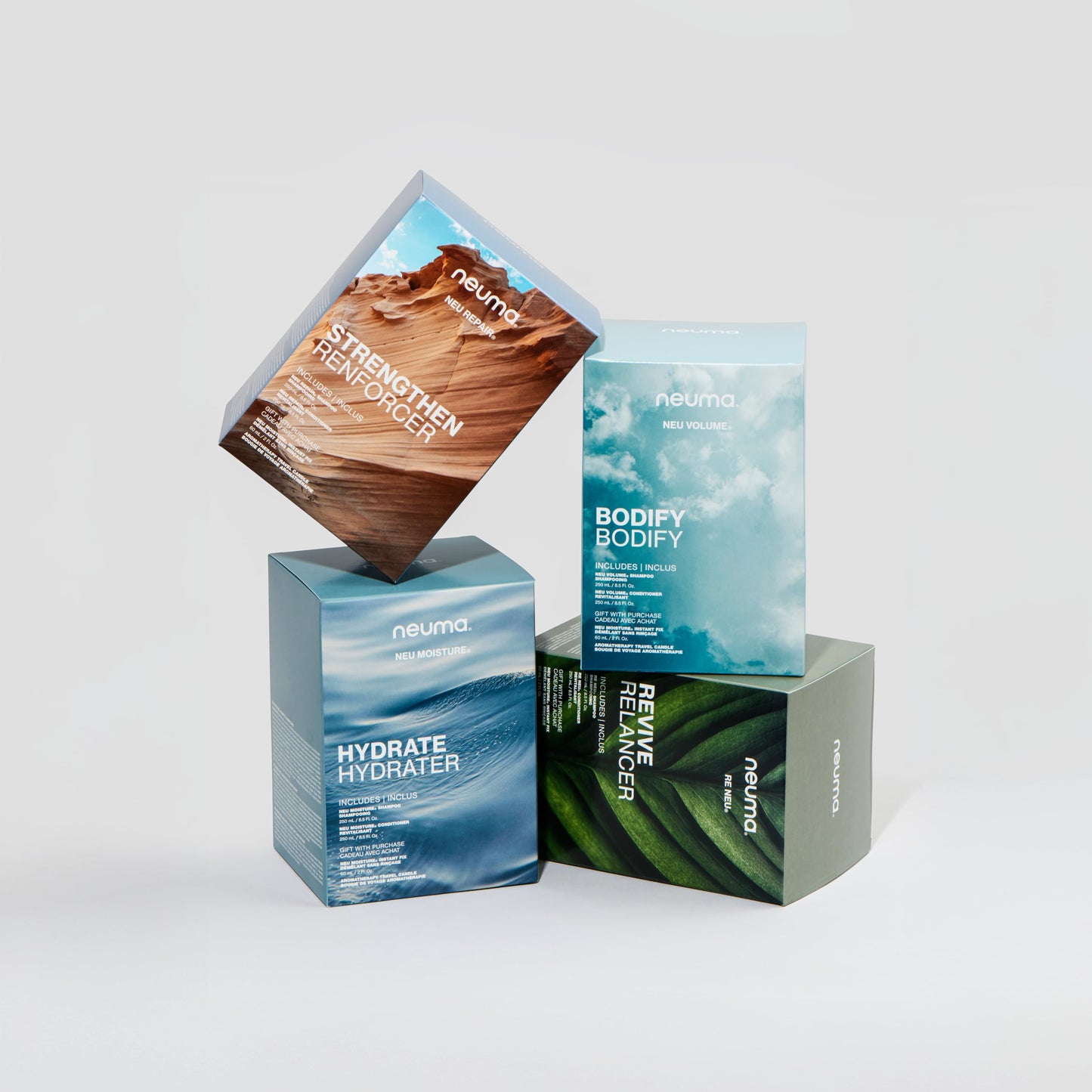 NEUMA Glow Strong. Glow Bright. Hydrate Gift Set. Neu Moisture 8.5 Fl Oz. Shampoo and Conditioner + 2 Fl. Oz. Instant Fix + Aroma Therapy Travel Candle