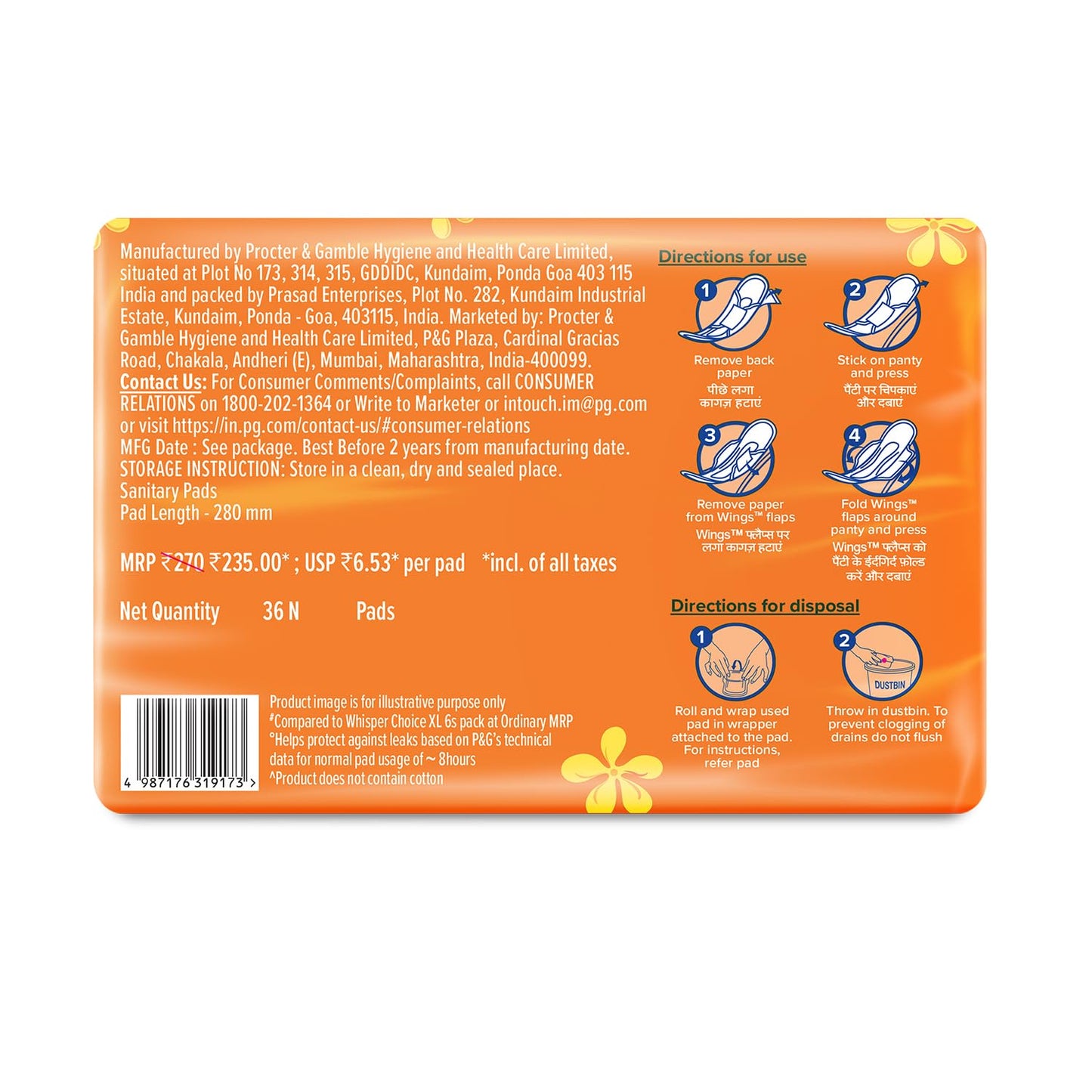 Whisper Choice Sanitary Pads, 36 XL Pads, Upto 100% Stain Protection All Day, Longer Length for Better Coverage, 20% Wider Back, Dry Top Sheet, with Wings