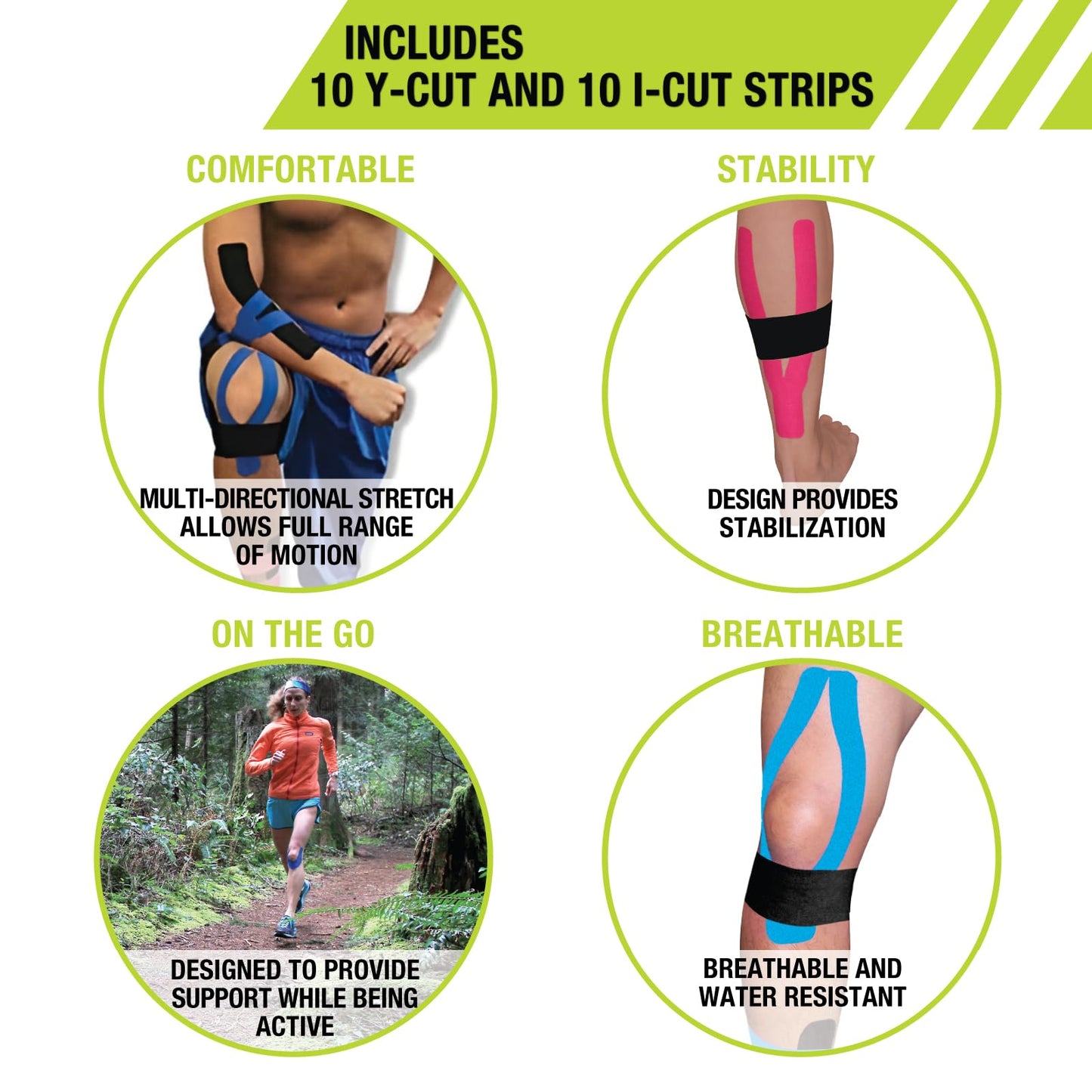 Pro-Tec Athletics Kinesiology Tape, Pre-Cut Strips for Muscle Tightness, Soft Tissue Support, Circulation, Reduced Fatigue