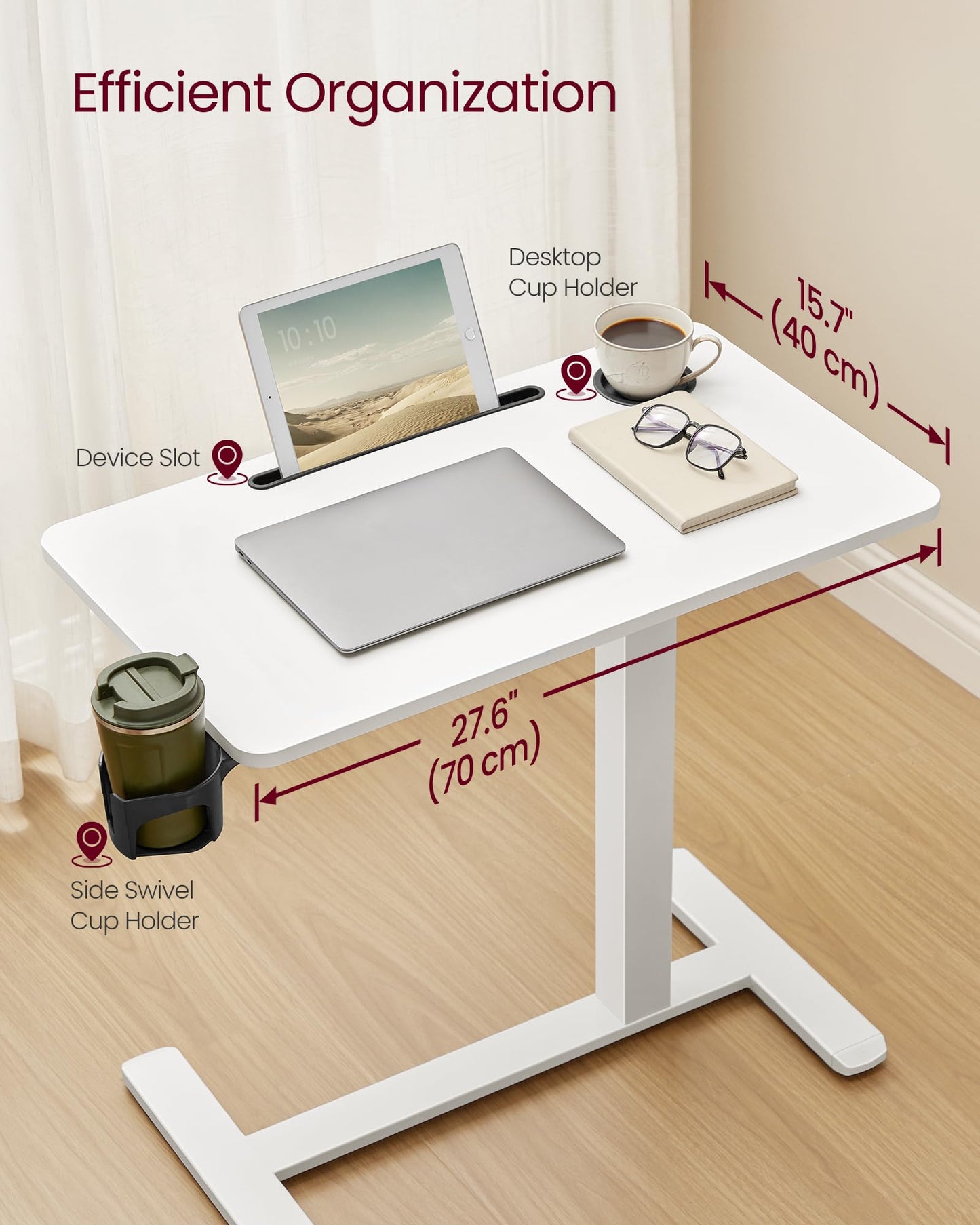 VASAGLE Overbed Table with Wheels, Mobile Standing Computer Desk, 27.6 x 15.7 Inches Tabletop, Adjustable Height, 2 Cup Holders, Phone and Tablet Slot, Cloud White ULSD600W01
