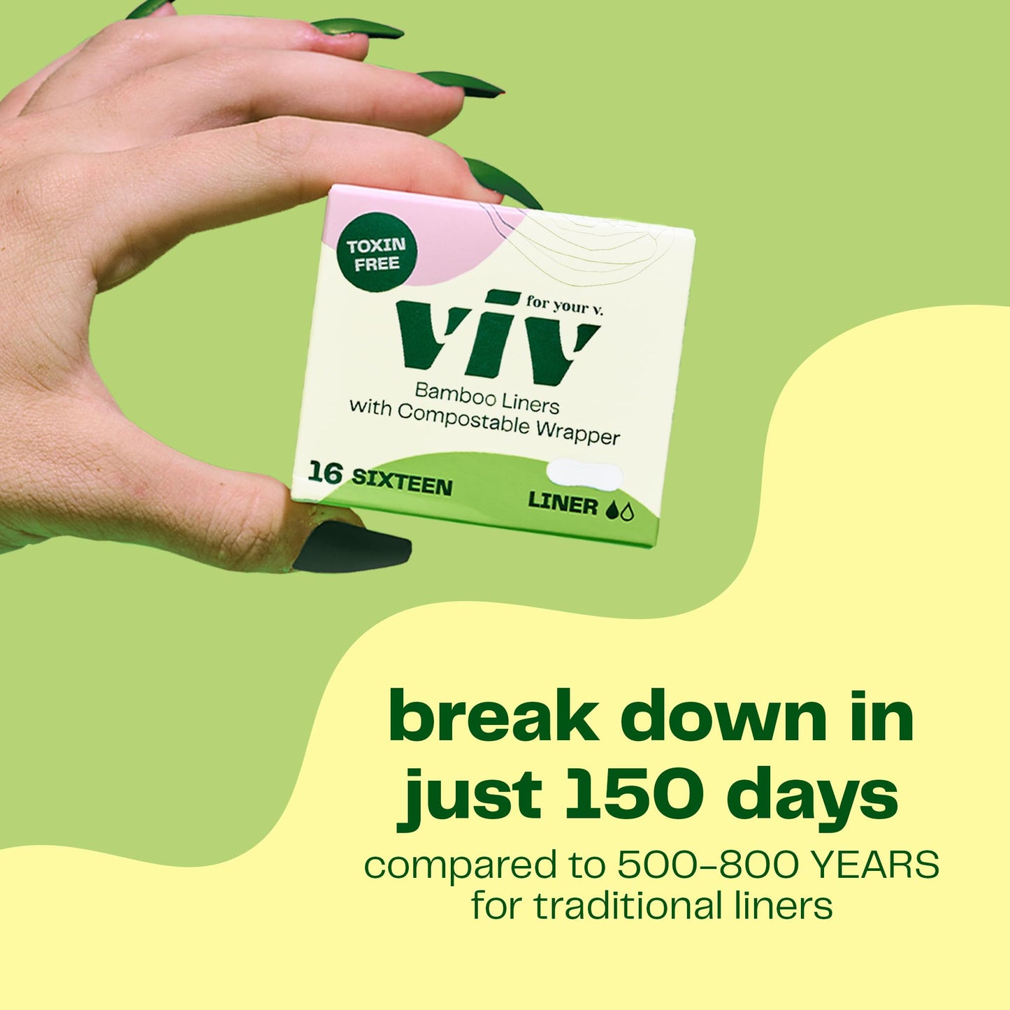 Viv for Your V Bamboo Organic Panty Liners for Women | Soft, Thin, Absorbent Sanitary | Incontinence Pads for Women No Wings | Unscented, Earth-Friendly (16 Pack)
