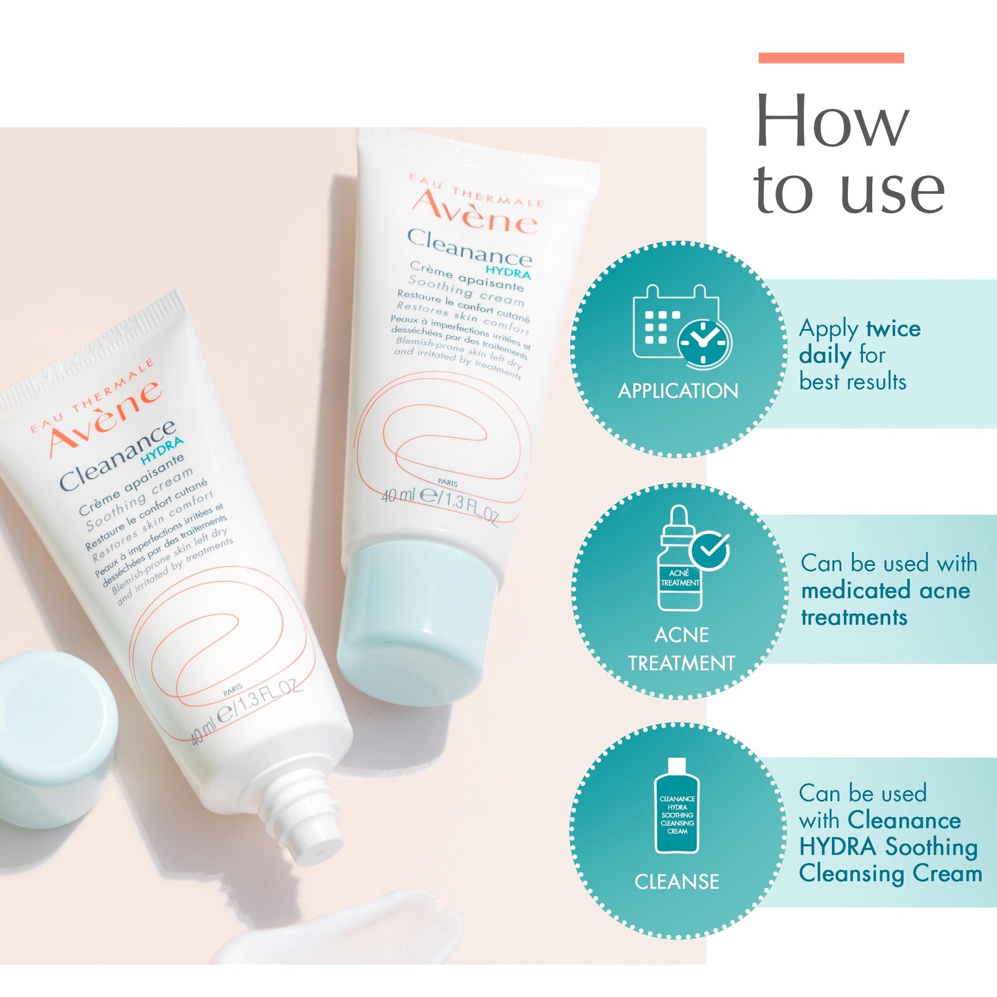 Avène Cleanance HYDRA Soothing Cream, Rich Moisturizer, Adjunctive Care for Drying Acne Treatments, 1.3 Oz