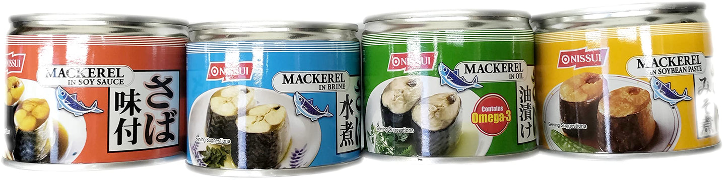 Nissui Canned Mackerel Sampler Pack | Ajitsuke (Soy Sauce), Misoni (Soybean Paste), Mizuni (Brine), Aburazuke (Oil) | 6.7 Oz Each