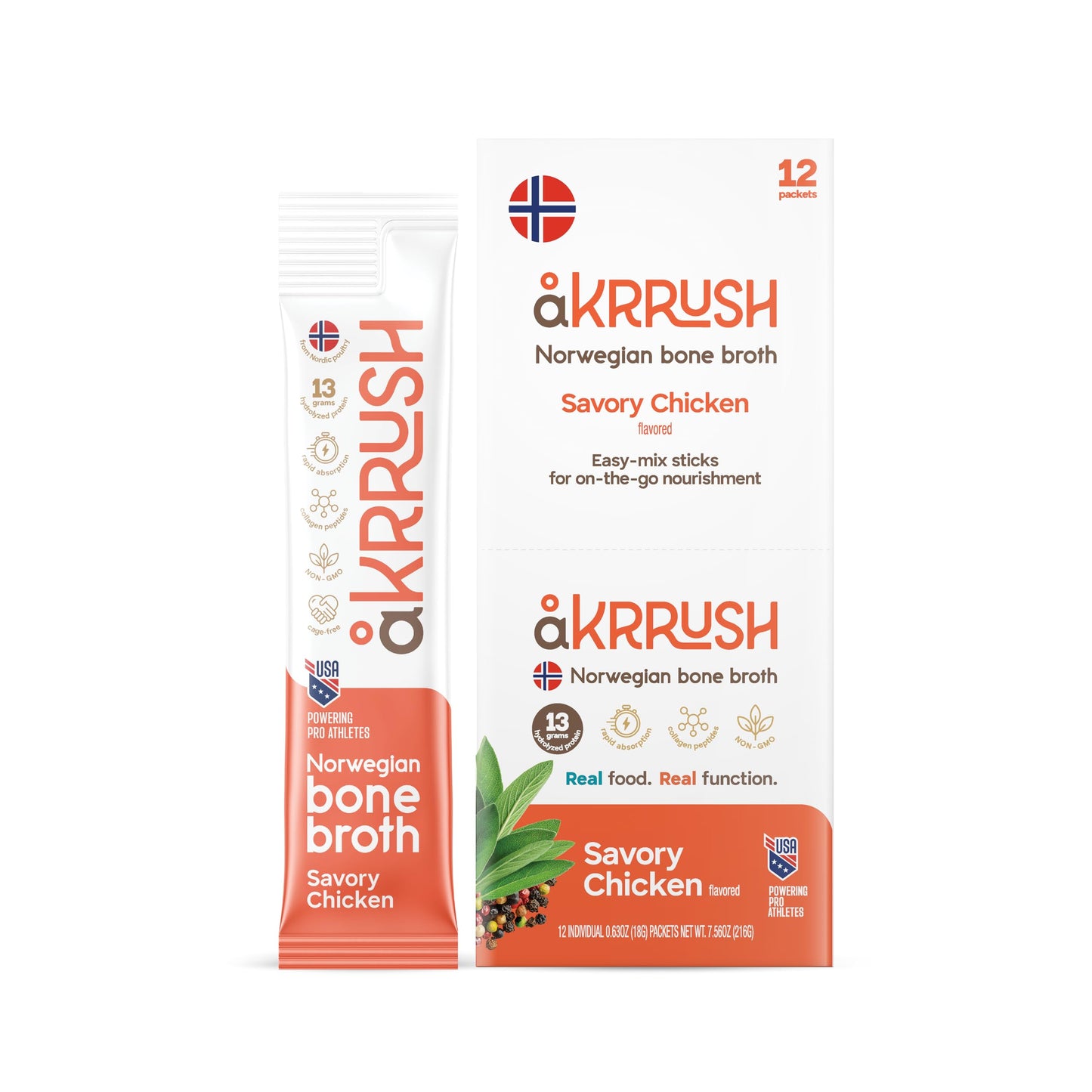 åKrrush Premium Bone Broth Powder – Classic Norwegian Chicken – High-Bioavailability Collagen & Protein for Recovery, Hydration & Gut Health – 12 Servings