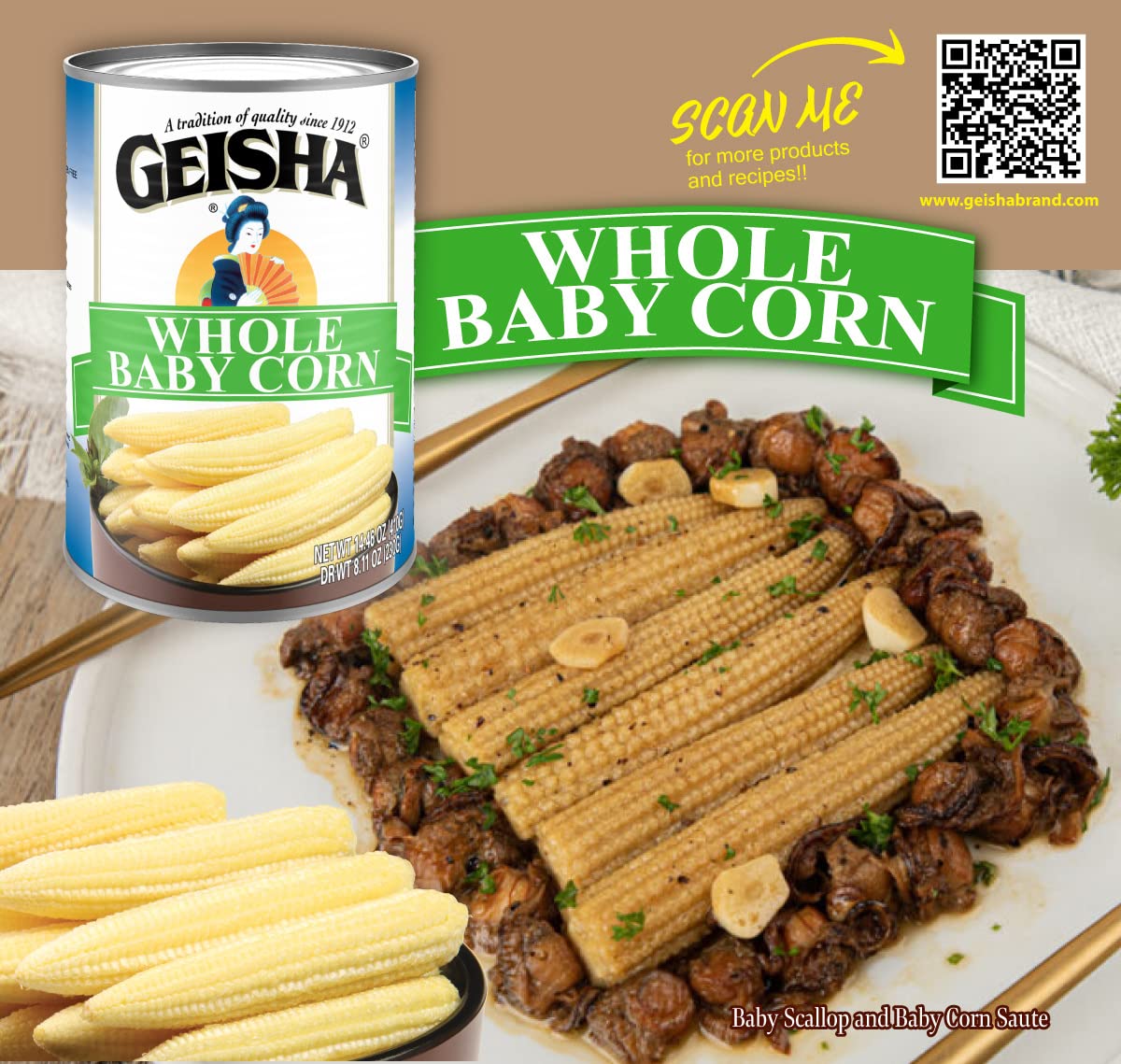 GEISHA Whole Baby Corn 14.11 oz (Pack of 12), Young Corn| Zero Trans Fat – Zero Saturated Fat – Good Source of Fiber – No Sugar Added – Gluten Free
