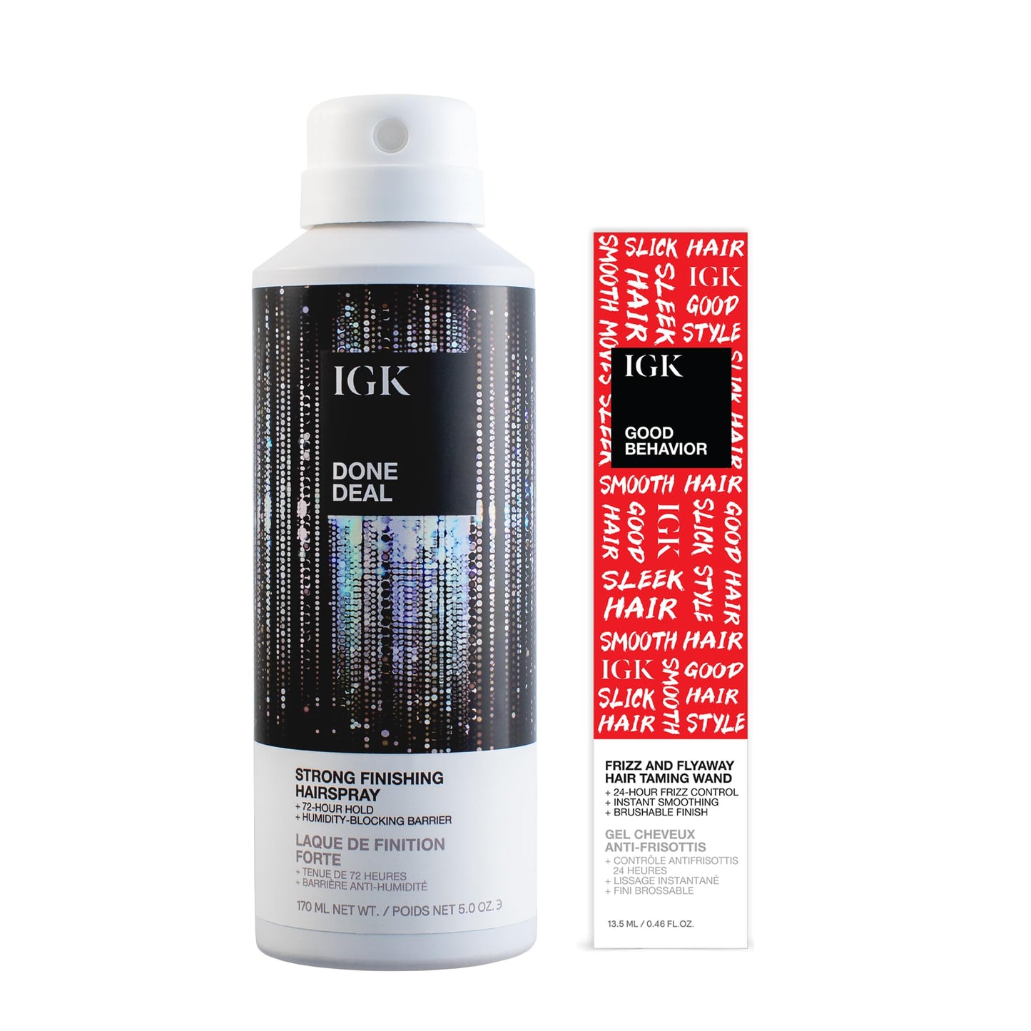 IGK Taming Wand & Done Deal Strong Finishing Hairspray Bundle – Flyaway & Frizz Control, Smooth Hair Balm and Long-Lasting Hold Aerosol, Vegan & Cruelty-Free