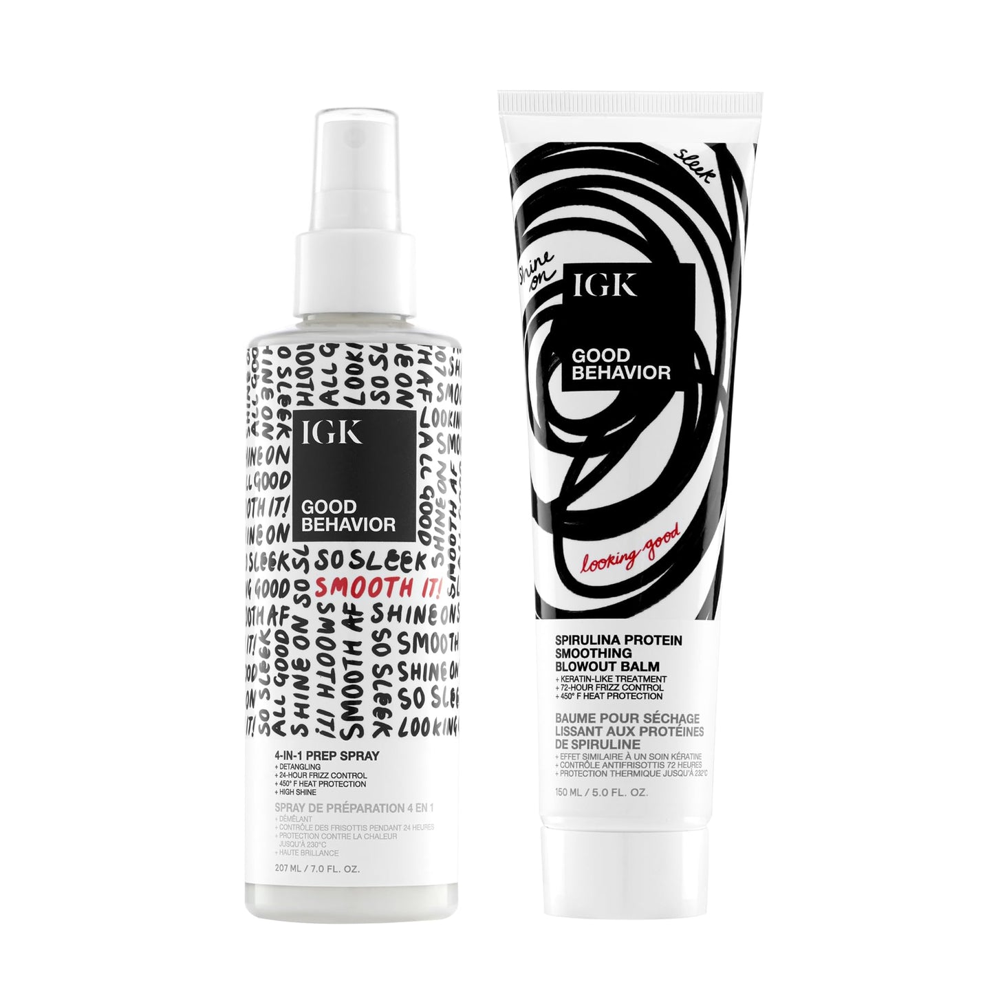 IGK Good Behavior 4-in-1 Prep Spray + Good Behavior Spirulina Protein Smoothing Blowout Balm – Hair Prep & Smoothing Duo for Frizz Control, Shine & Manageability – Vegan & Cruelty-Free