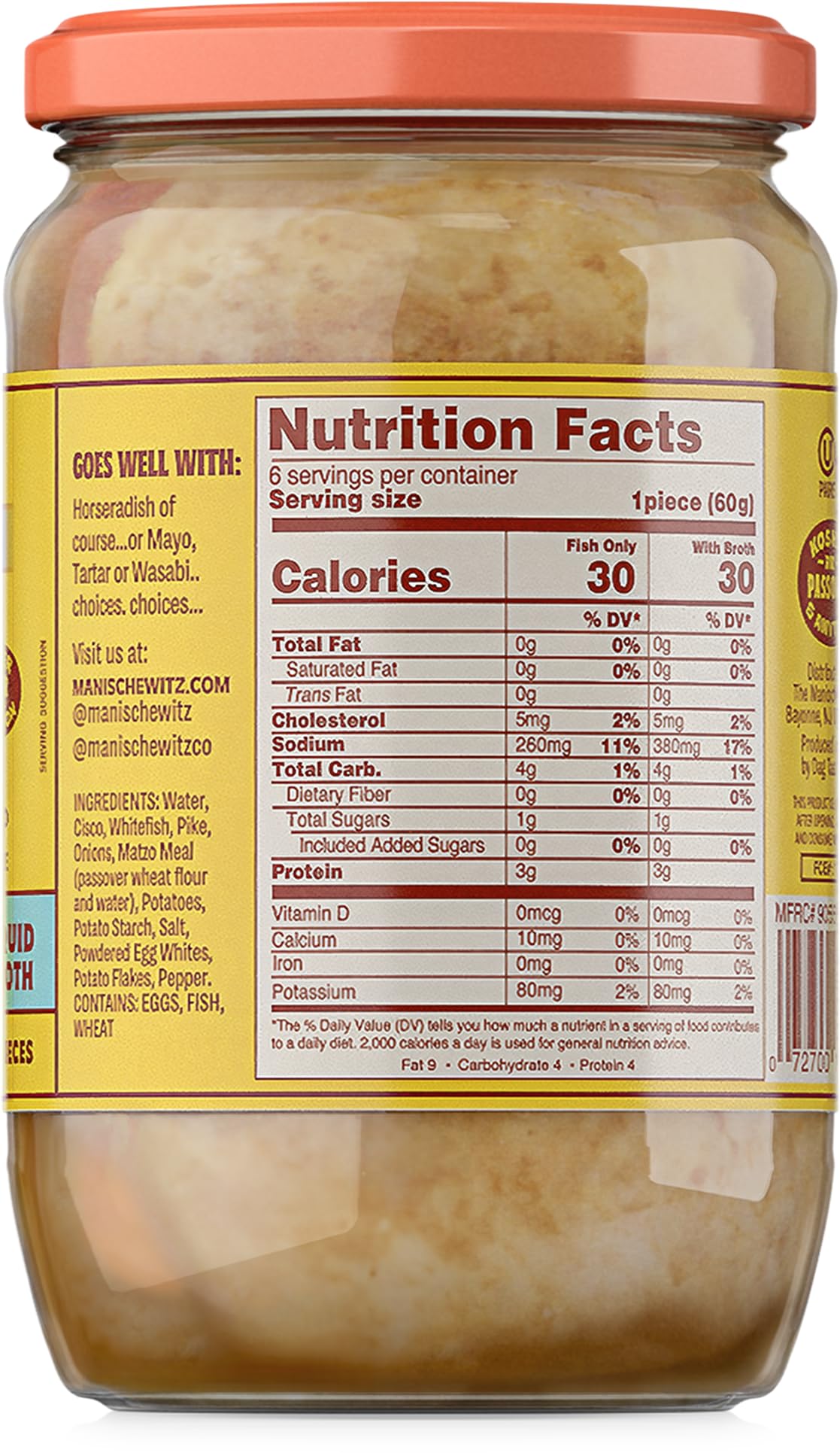 Manischewitz Whitefish & Pike Gefilte Fish in Liquid Broth, 24oz (4 Pack) | All Natural, Packed with Protein, No Added MSG, Kosher for Passover