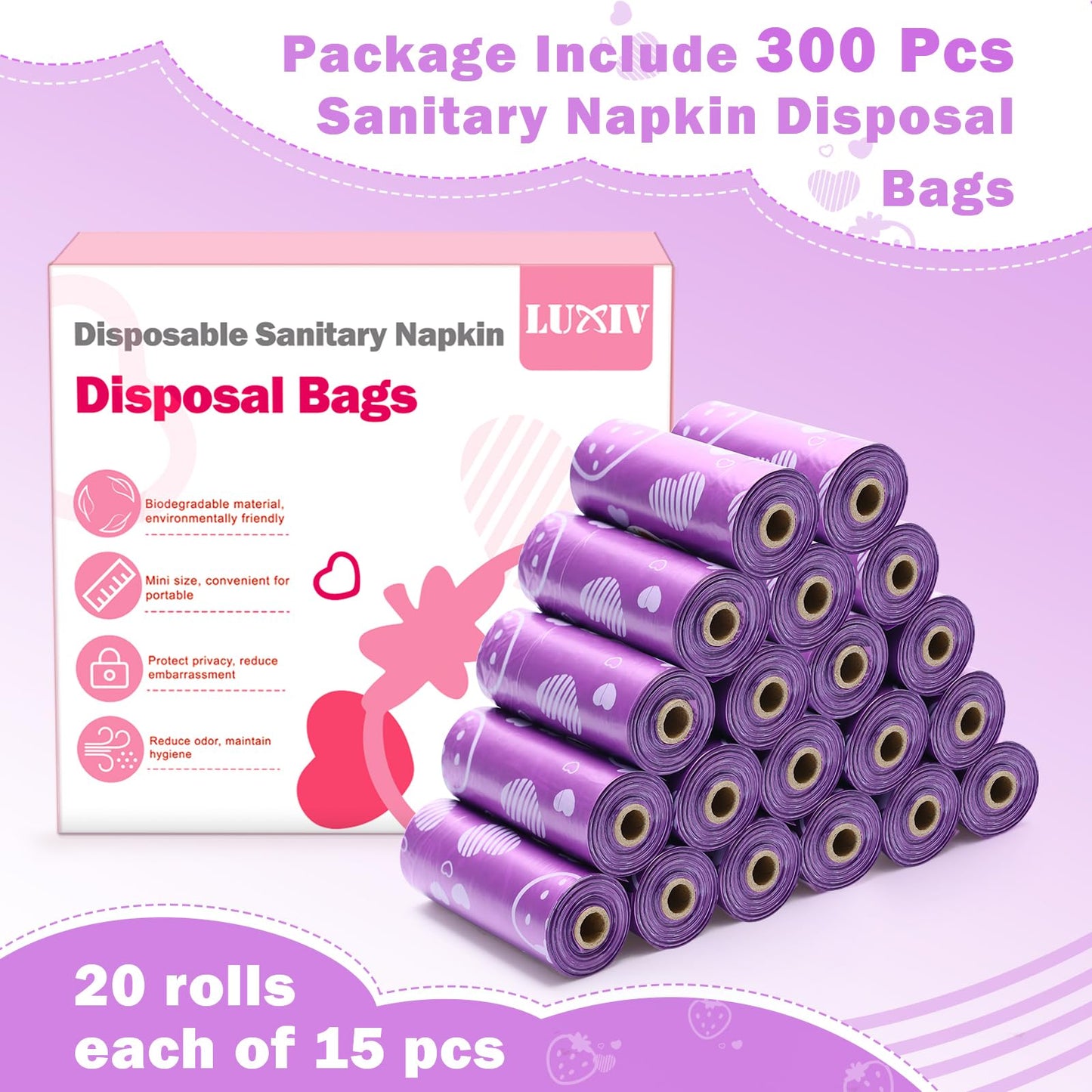 300P Sanitary Napkin Disposal Bags, Luxiv Disposable Sanitary Bags Rolls Personal Care Disposal Bag for Diapers, Tampons, Pad Period Bag Disposal Feminine Hygiene Products Bags with Scent (Purple)