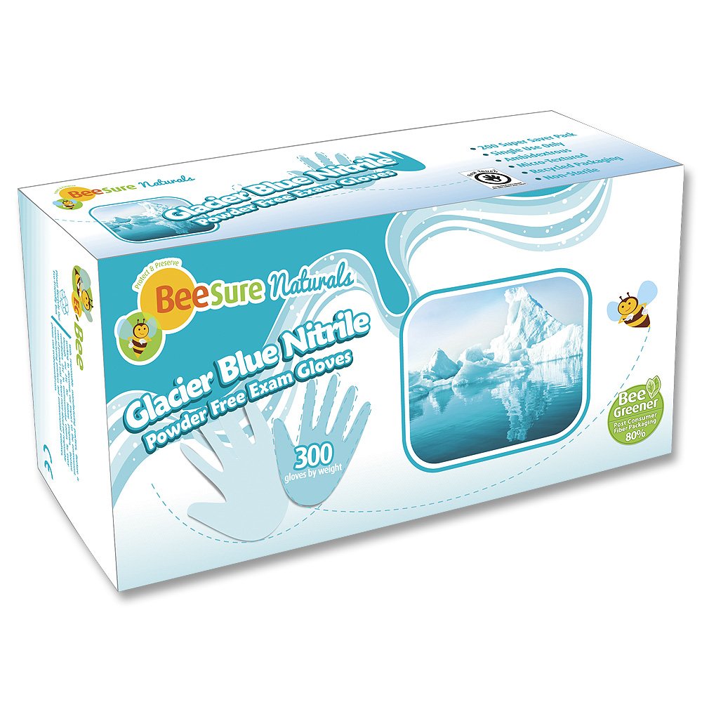 BeeSure BE2927 Naturals Glacier Nitrile Powder Free Exam Gloves, 3 mil, Medium, Nitrile, Beaded-Cuff (Pack of 300),blue