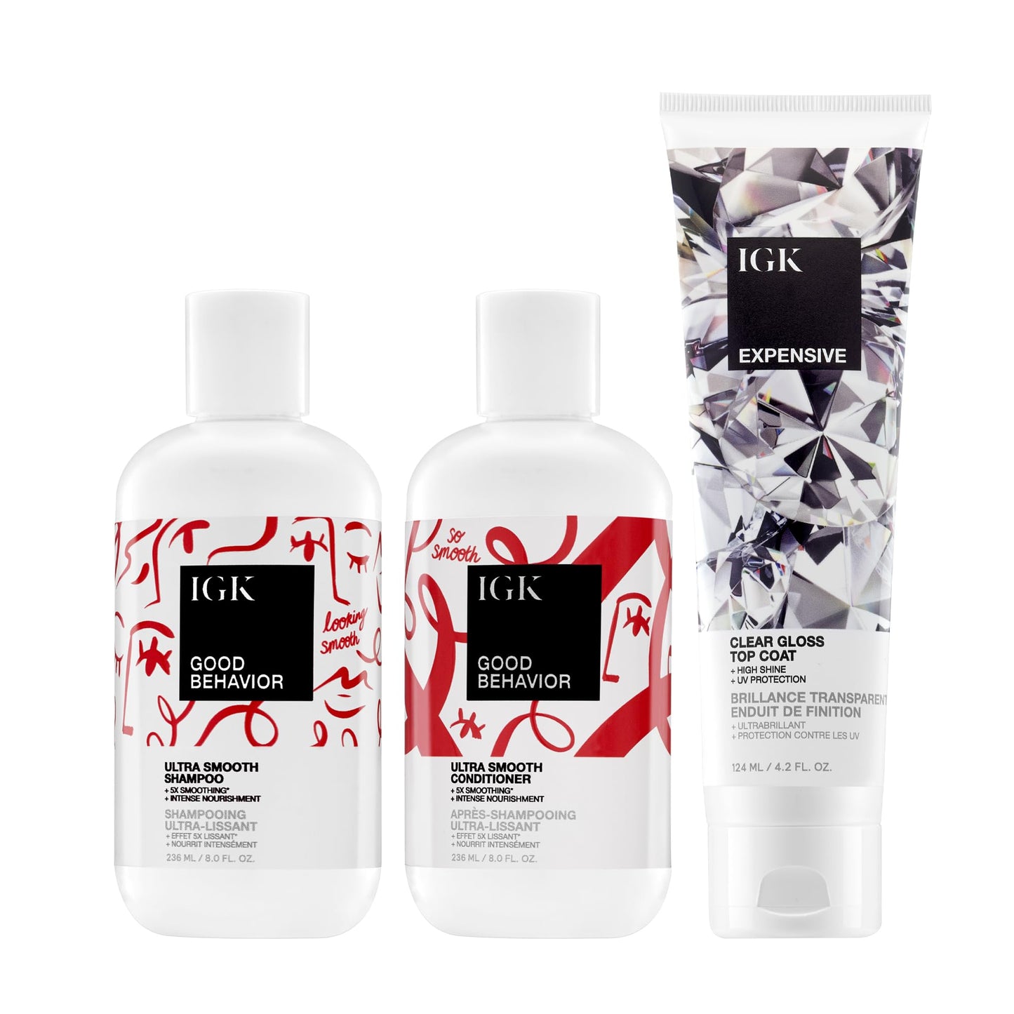 IGK Good Behavior Shampoo + Good Behavior Conditioner + Expensive Shine Gloss Treatment – Hair Cleansing, Hydrating & Smoothing Trio for Frizz Control, Shine & Manageability – Vegan & Cruelty-Free