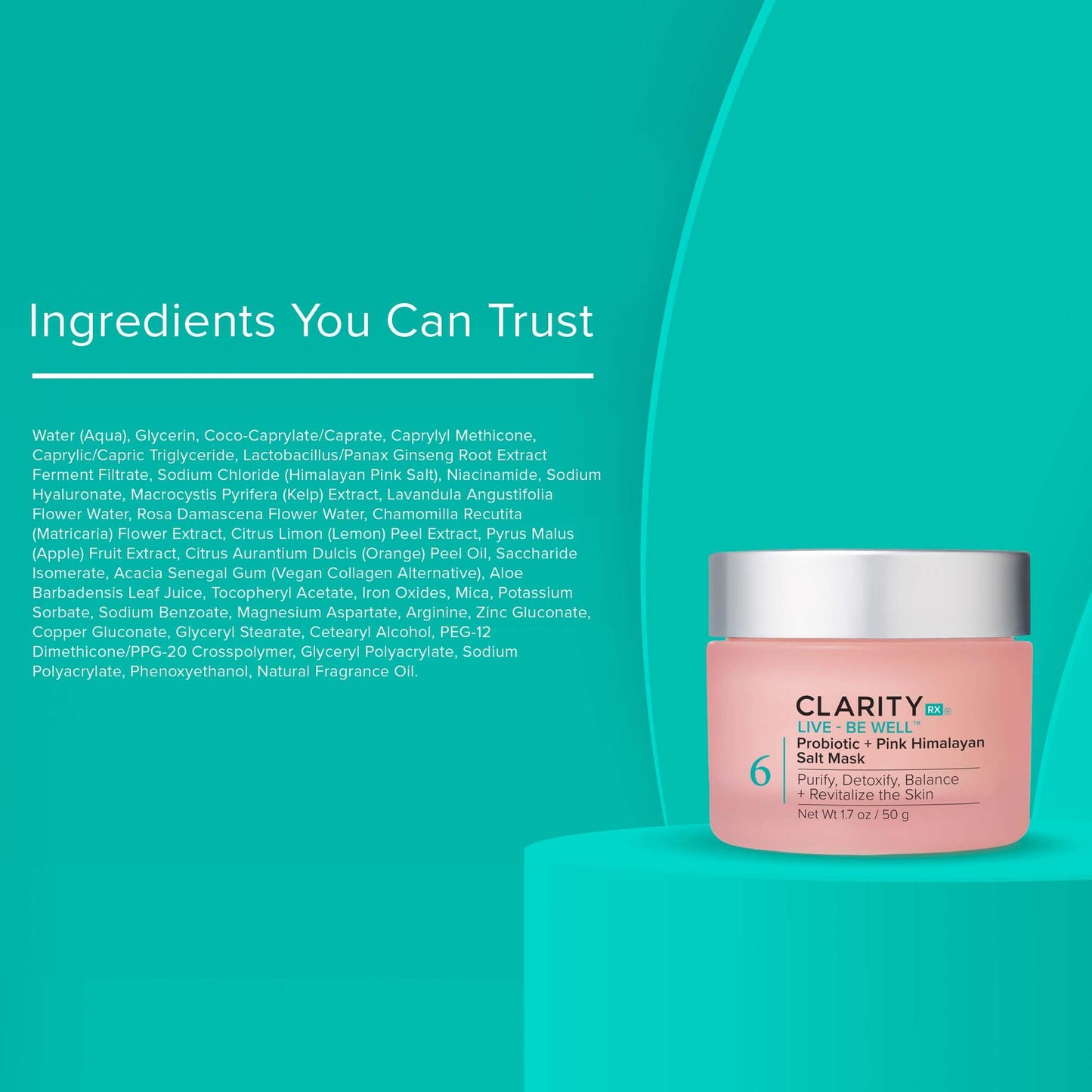 ClarityRx Live + Be Well Probiotic + Pink Himalayan Salt Face Mask, Natural Plant-Based Moisturizing Facial Treatment for All Skin Types, Reduces Redness, Acne & Signs of Aging (1.7 oz)