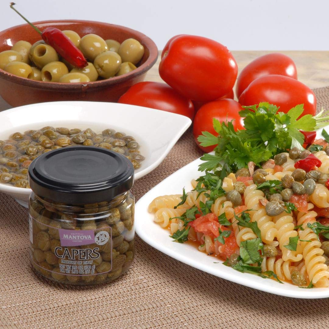 Mantova Capers in a Mild Vinegar Brine, 3.5 oz. (Pack of 3), Product of Italy, All-Natural, Caper Bush Buds, Capparis Spinosa, Non-GMO, Gluten-Free, Cholesterol-Free, Vegan-Friendly, Paleo-Friendly