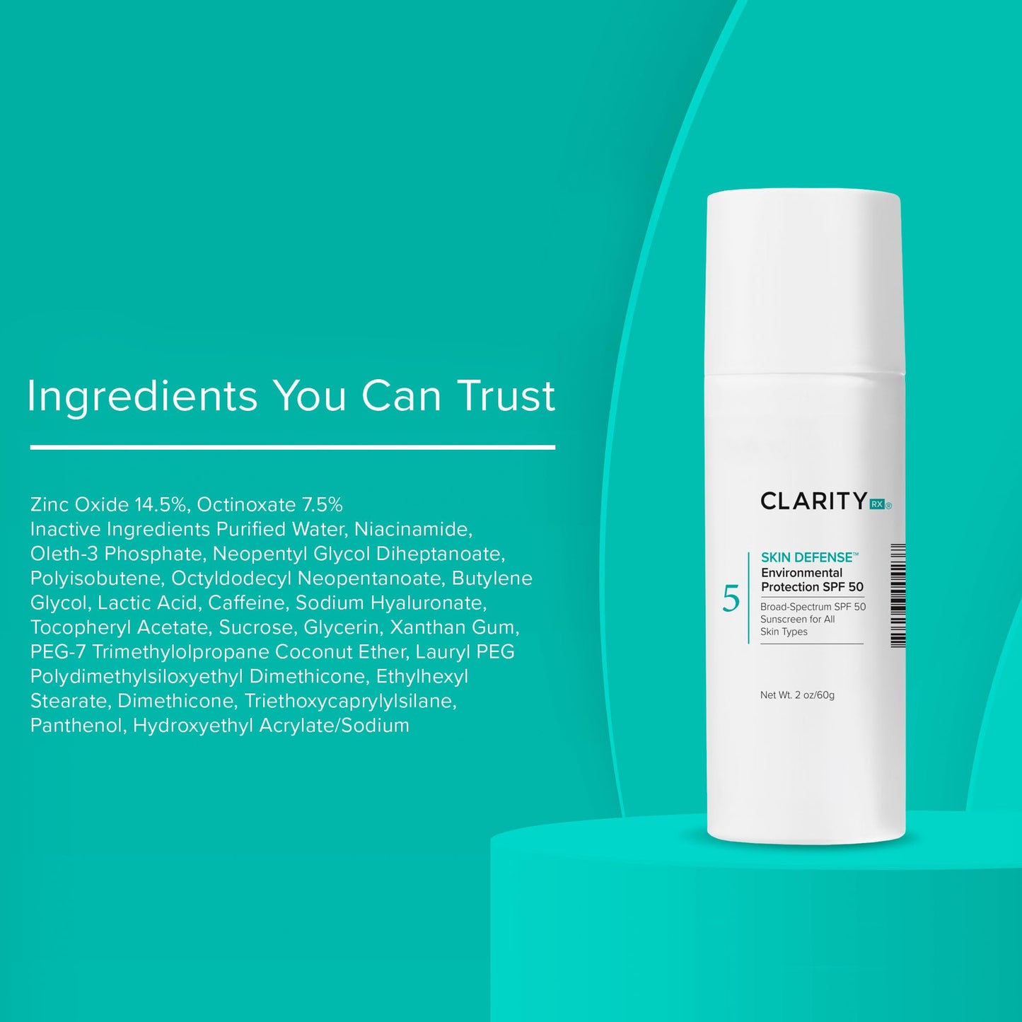 ClarityRx Skin Defense Broad-Spectrum SPF 50, Natural Plant-Based Moisturizing Face & Body Sunscreen With Zinc & Hyaluronic Acid (2 Oz)