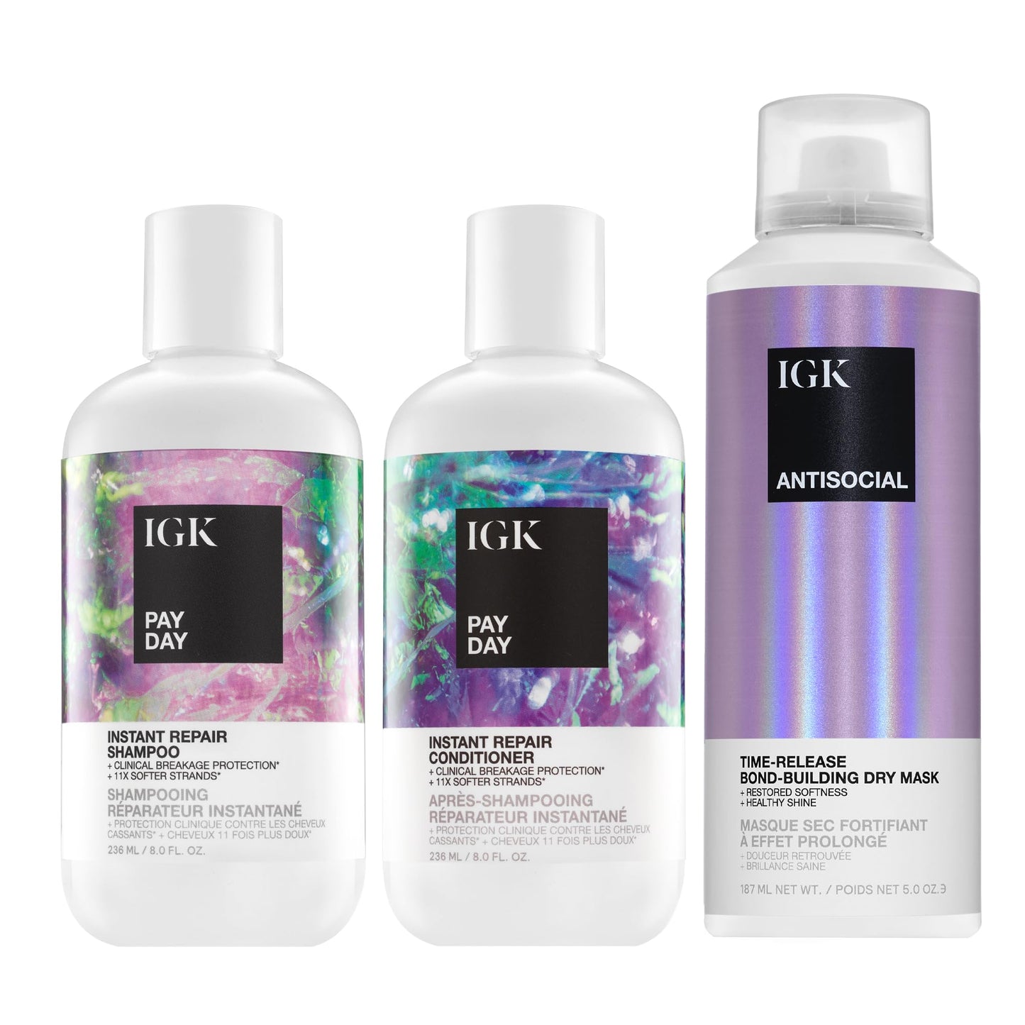 IGK Pay Day Instant Repair Shampoo + Pay Day Instant Repair Conditioner + Antisocial Bond-Building Dry Hair Mask – Hair Repair, Hydration & Strengthening Trio – Vegan & Cruelty-Free