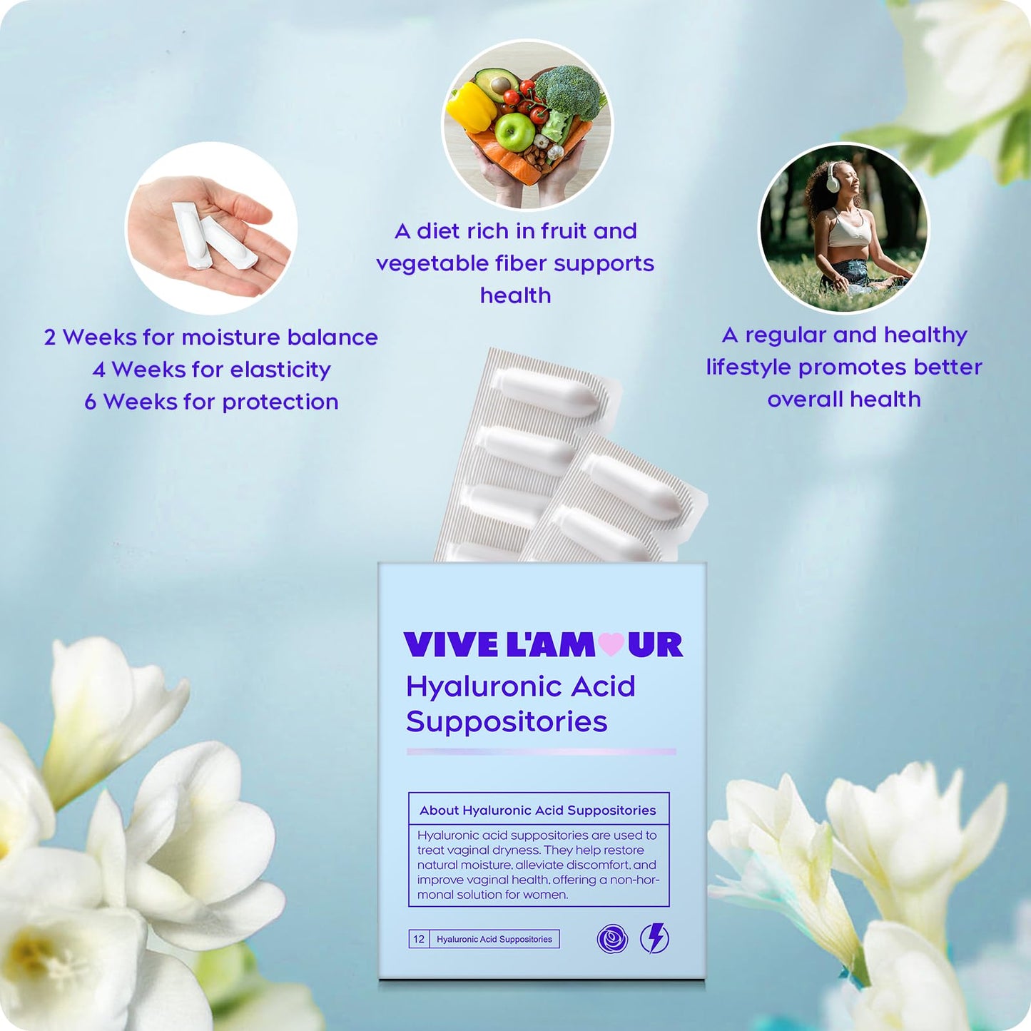 Vive L'Amour 15mg Hyaluronic Acid Vaginal Suppositories, Vaginal Moisturizer, Continuous Hydration, Relieves Vaginal Dryness, Restores Natural Softness & Elasticity, Vaginal Health (12 Inserts)