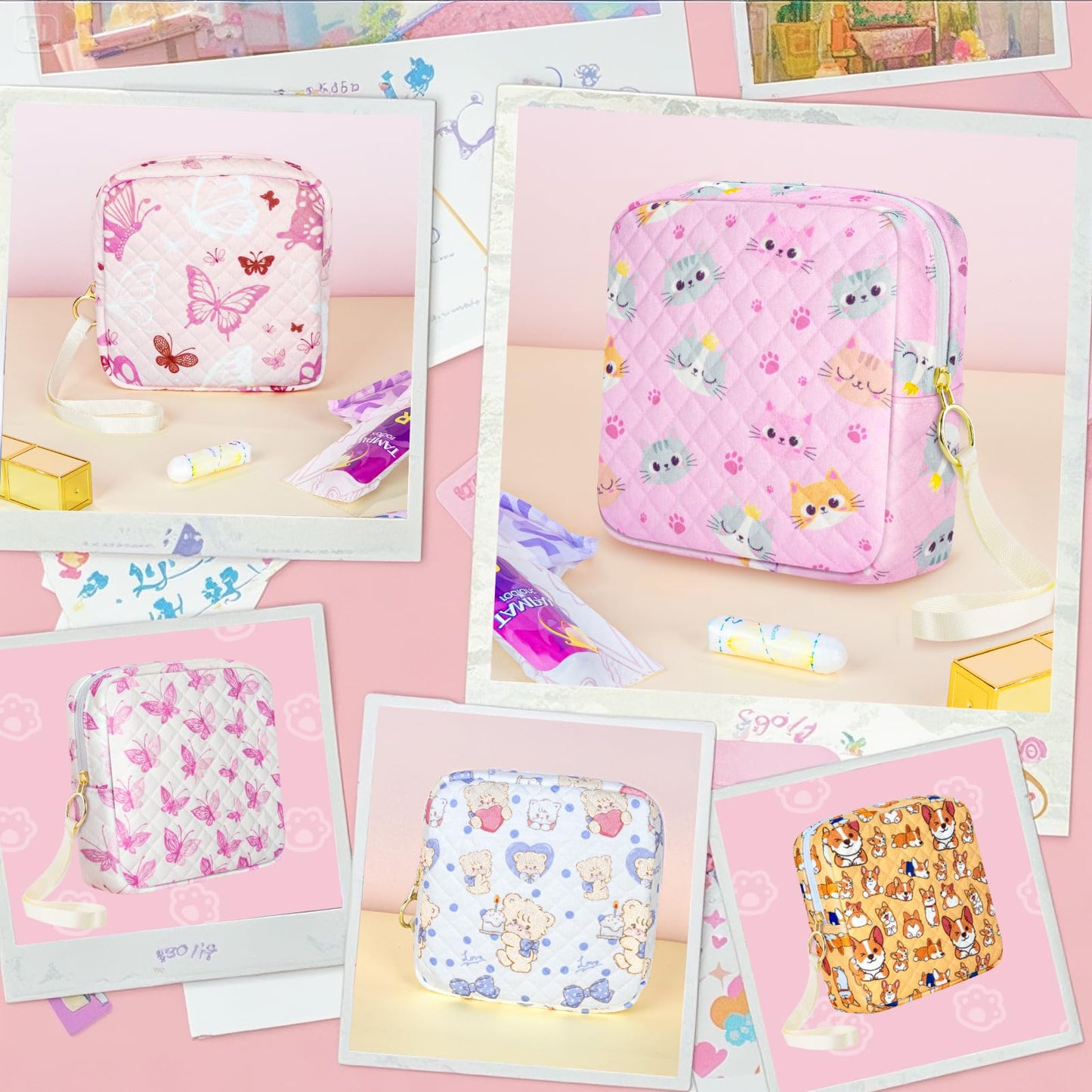 Tampon Holder for Purse, Quilted Period Bag Sanitary Napkin Storage Bag for Girls Womens, Portable Feminine Emergency Pad Period Pouch(Pink Cat)