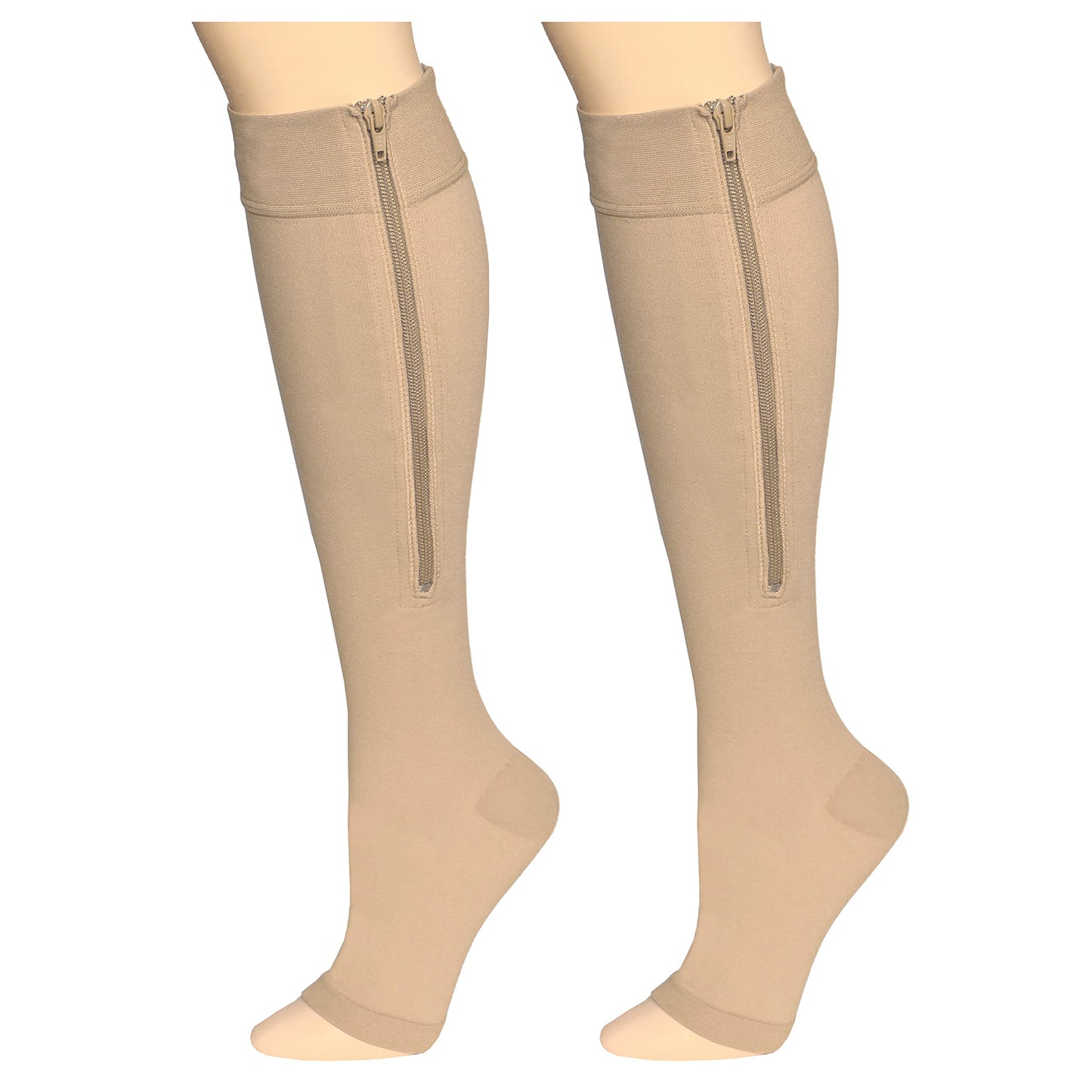 NuVein Medical Compression Stockings, 15-20 mmHg Support, Zipper Opening, Knee Length, Closed Toe, Beige, Medium