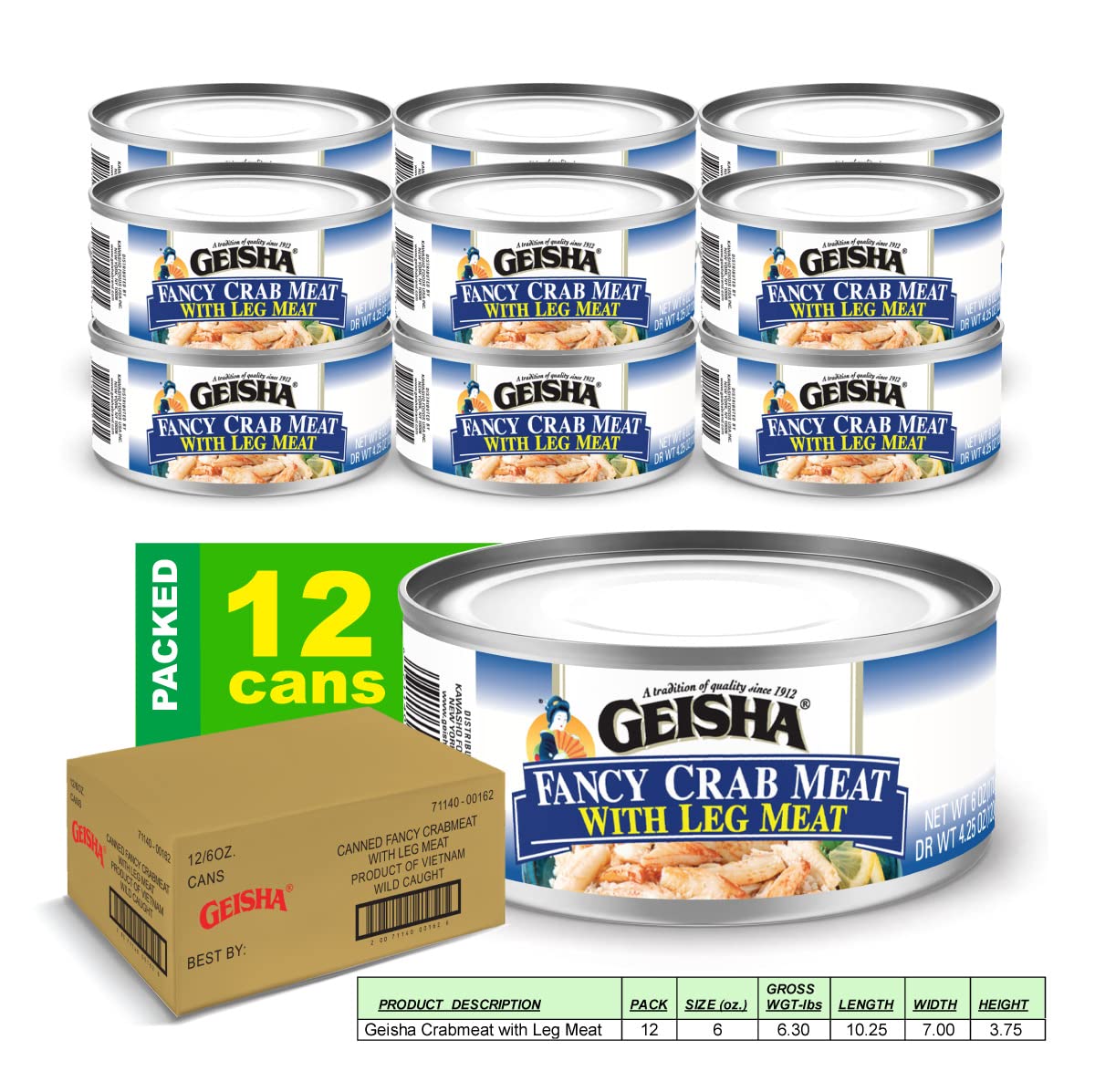 GEISHA Fancy Crab Meat with Leg Meat 6OZ. (Pack of 12), Swimming Crab| Hand Packed - Good Source of Protein - Wild Caught -15% of Leg Meat