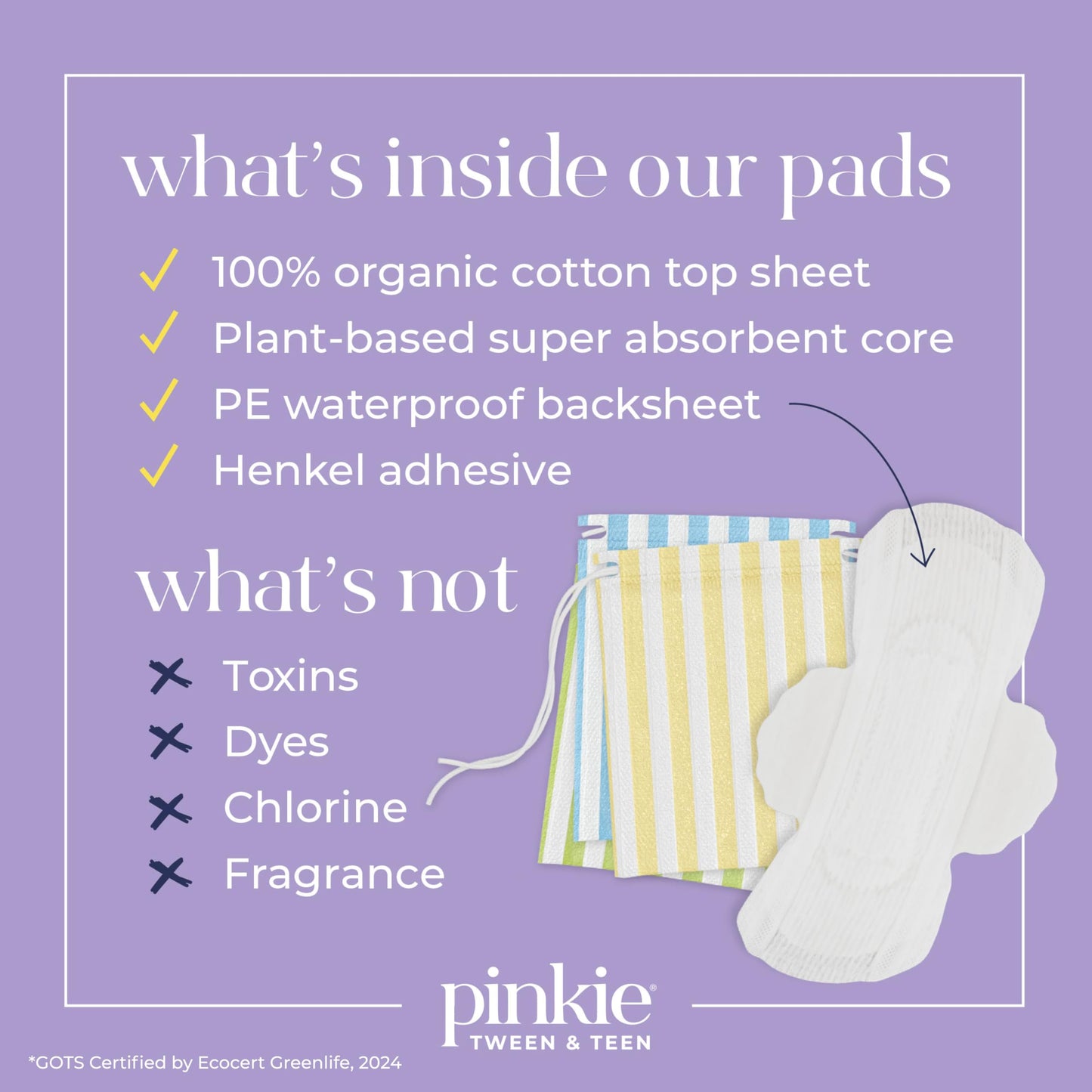Pinkie Period Starter Pads - Designed for Smaller Underwear - Organic Cotton Topsheet Tween & Teen Pads with Wings - Chlorine Free & Fragrance Free - Teen Combo Pack, 18 Count