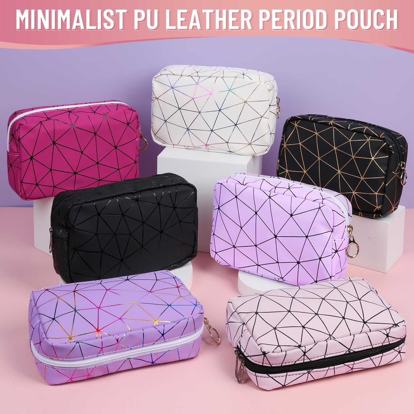 Tampon Holder for Purse Period Bag Waterproof Geometric PU Sanitary Napkin Storage Bag Portable Menstrual Cup Pad Pouch Cute Makeup Bag Feminine Gift Vibrant Blue