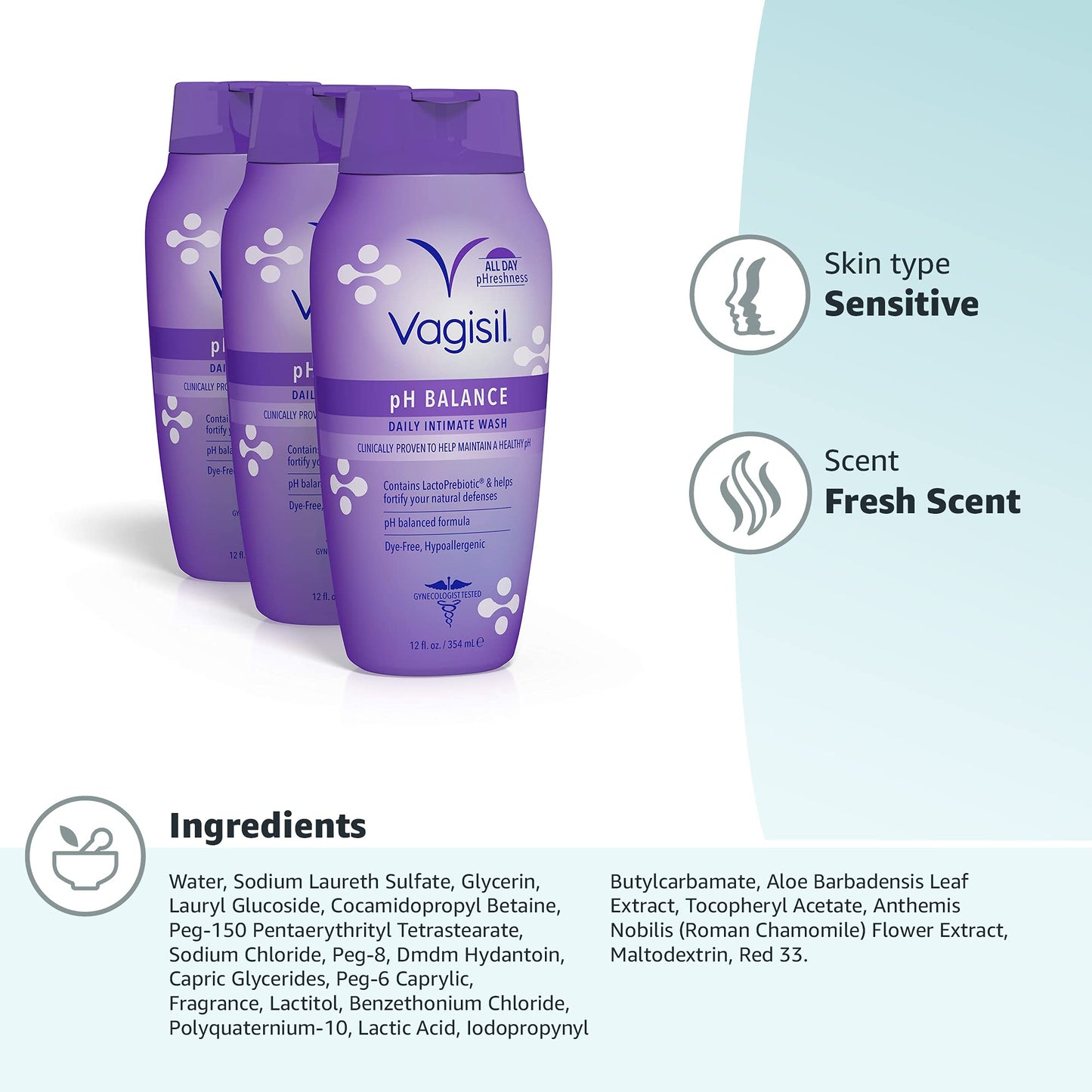 Vagisil Feminine Wash for Intimate Area Hygiene, pH Balance, Gynecologist Tested, Hypoallergenic, 12 oz, (Pack of 3)