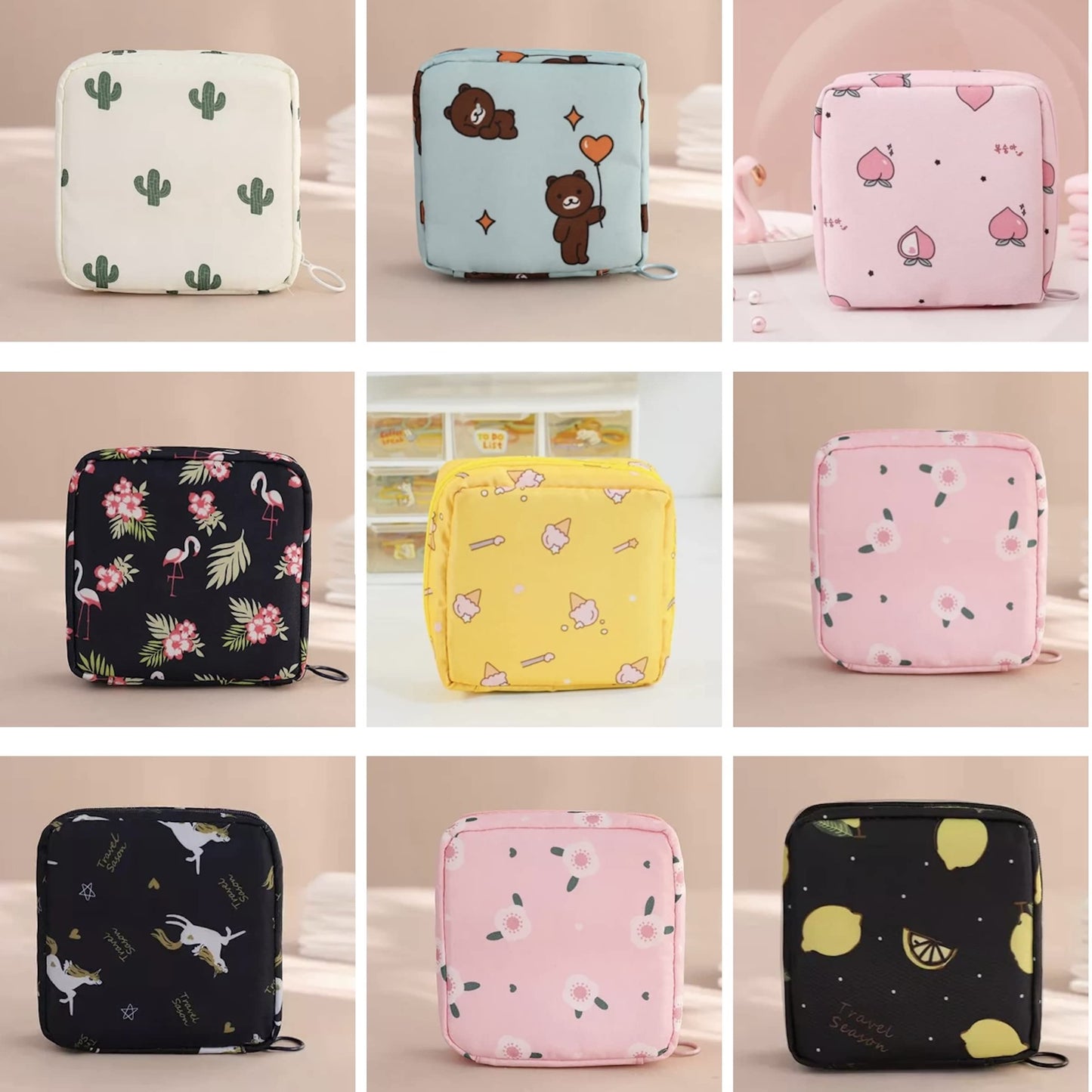 Reusable Sanitary Napkin Pads Storage Bag Portable for Women Girls | Made of Nylon Water Resistance Reusable | Zero Waste Period (Peach + Flower)