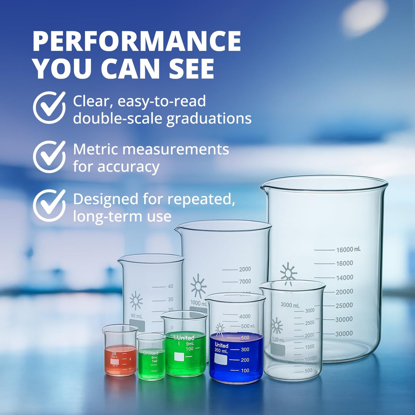 United Scientific™ (1,000mL) 1 Liter Beaker - Low Form Griffin, 3.3 Borosilicate Glass Beaker, Double Scale Graduated Chemistry Glassware with Pour Spout, Autoclavable Laboratory Glassware, 1 Each