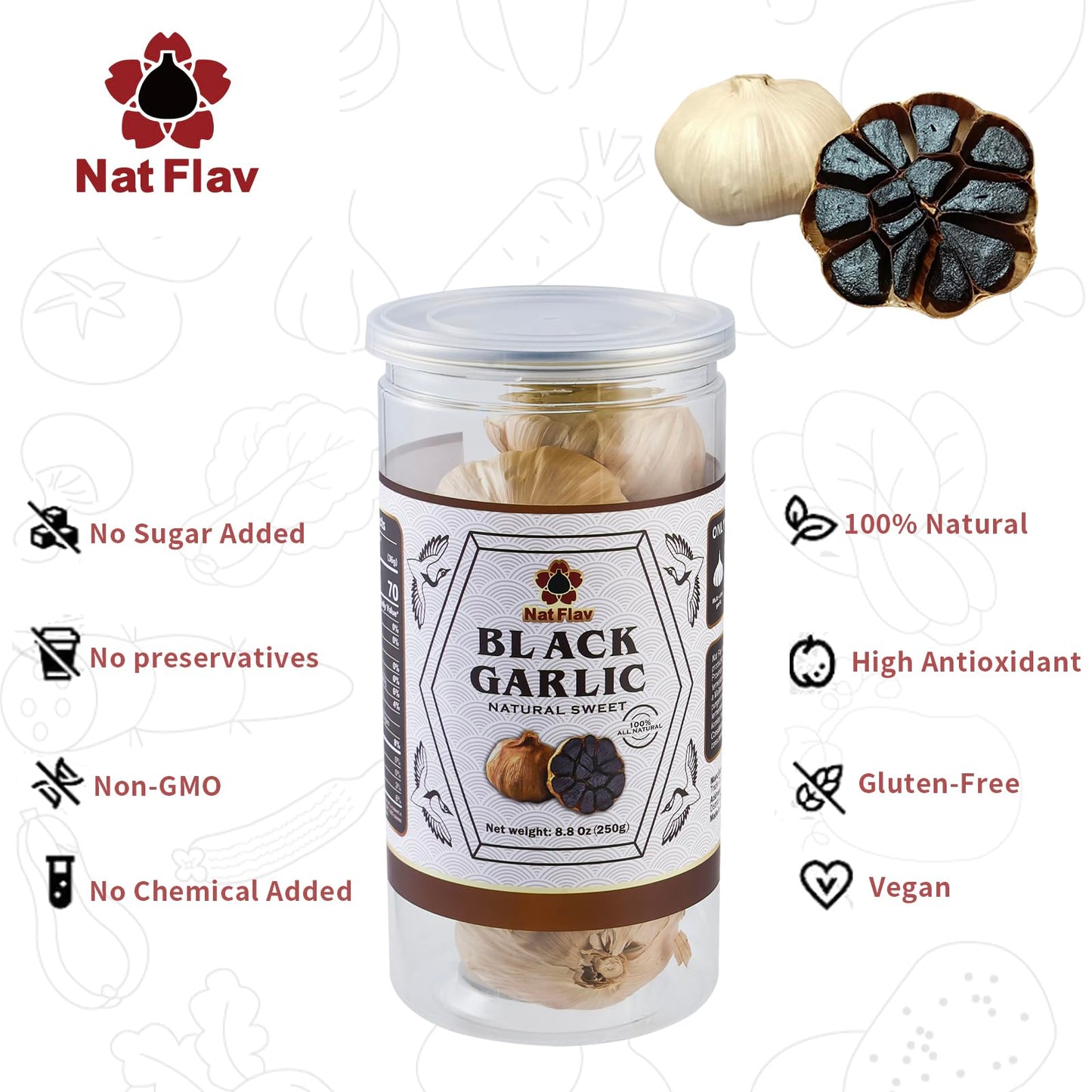 Nat Flav Multiclove Black Garlic, 8.8 Oz (250g.), Whole Bulbs, Fermented for 90 Days, Non-Additives, High in Antioxidants, Ready to Eat