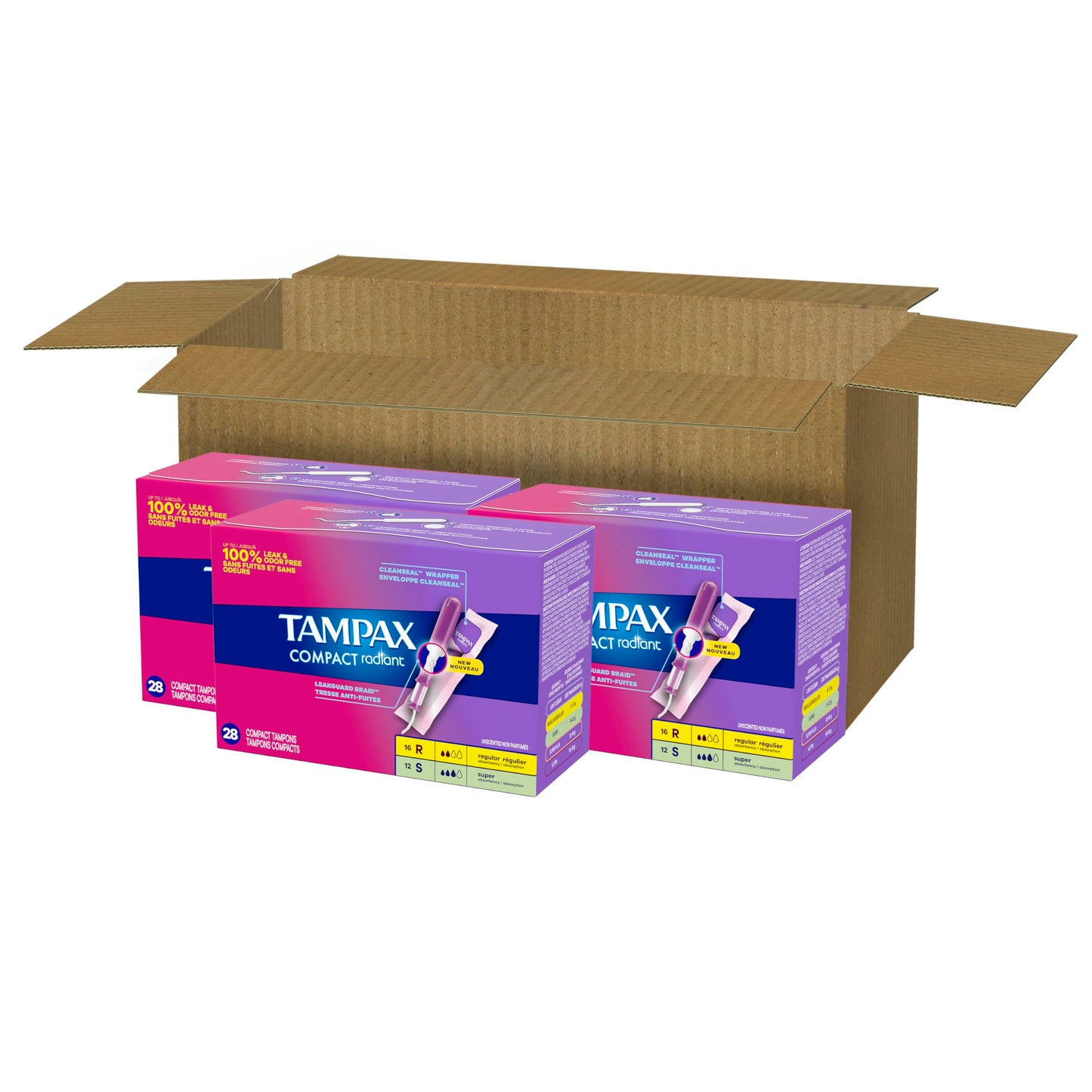 Tampax Compact Radiant Tampons for Women Multipack, with LeakGuard Braid & Extendable Applicator, Regular/Super Absorbency, Unscented, 84 Count (Pack of 2)