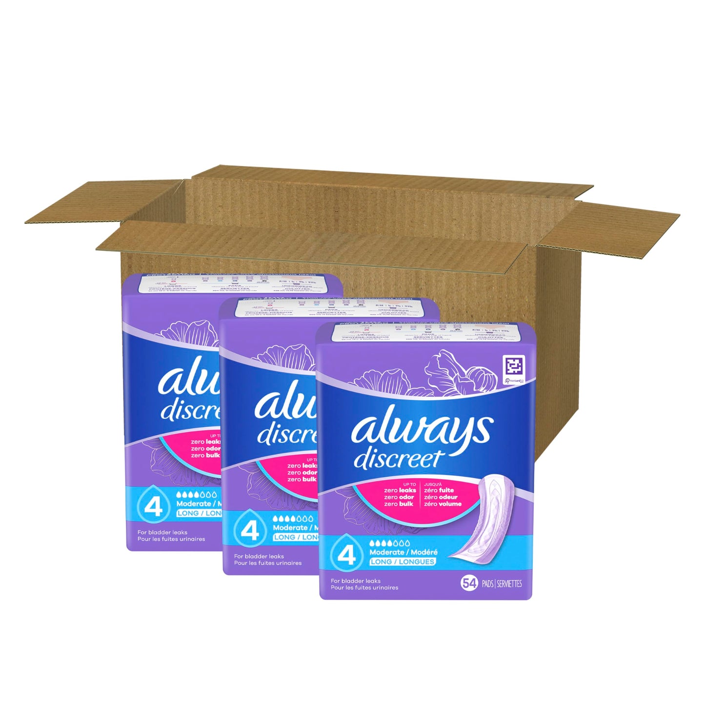 Always Discreet Adult Incontinence Pads for Women, Drier vs Poise, 4 Drop Long Length, Moderate Absorbency, Pads for Bladder Control Management, Bladder Leaks, & Postpartum Pads, 162ct