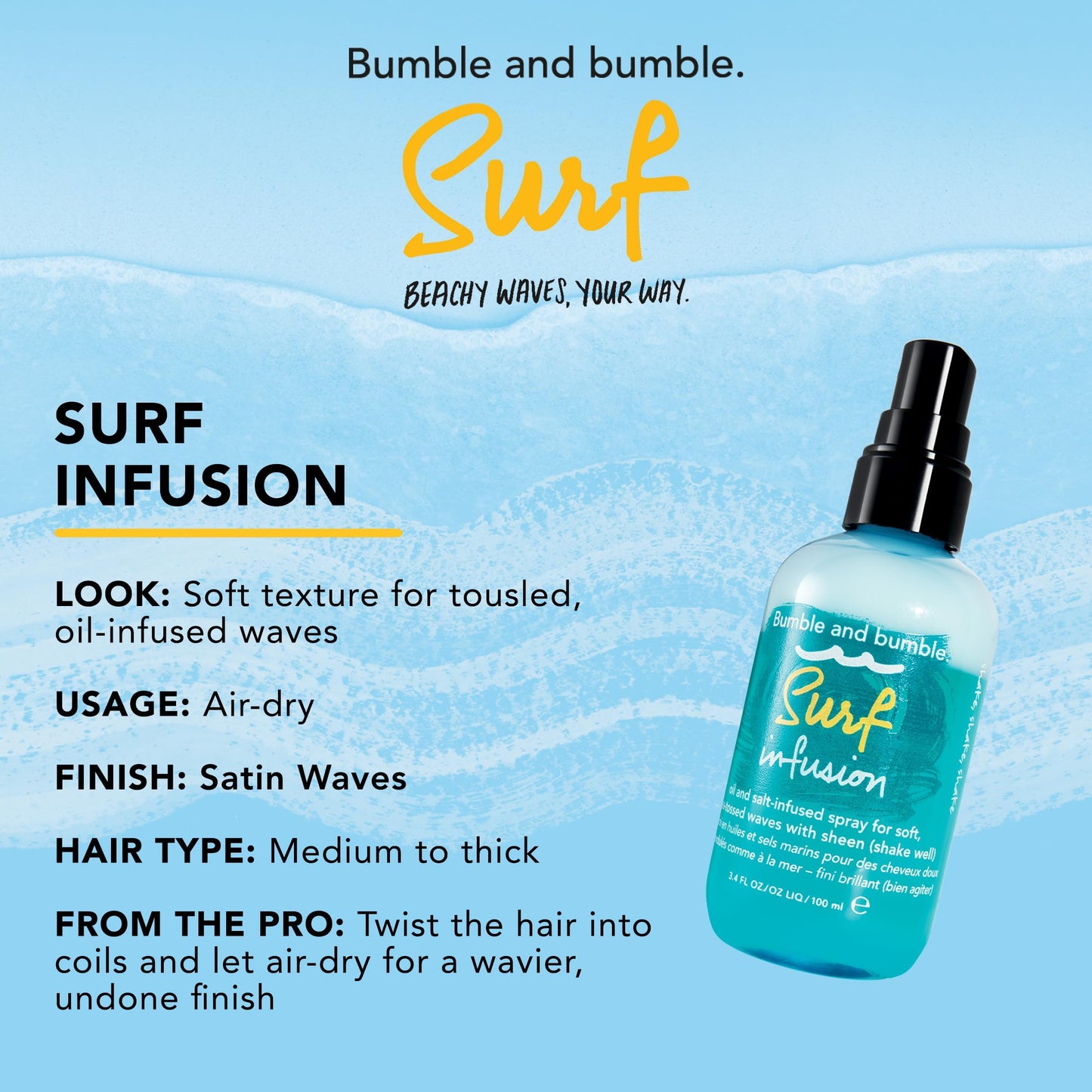 Bumble and bumble. Surf Infusion Oil and Sea Salt Spray | Conditioning | Adds Beachy Texture + Shine | For Medium to Thick Wavy, Straight Hair Types 3.4 Fl Oz