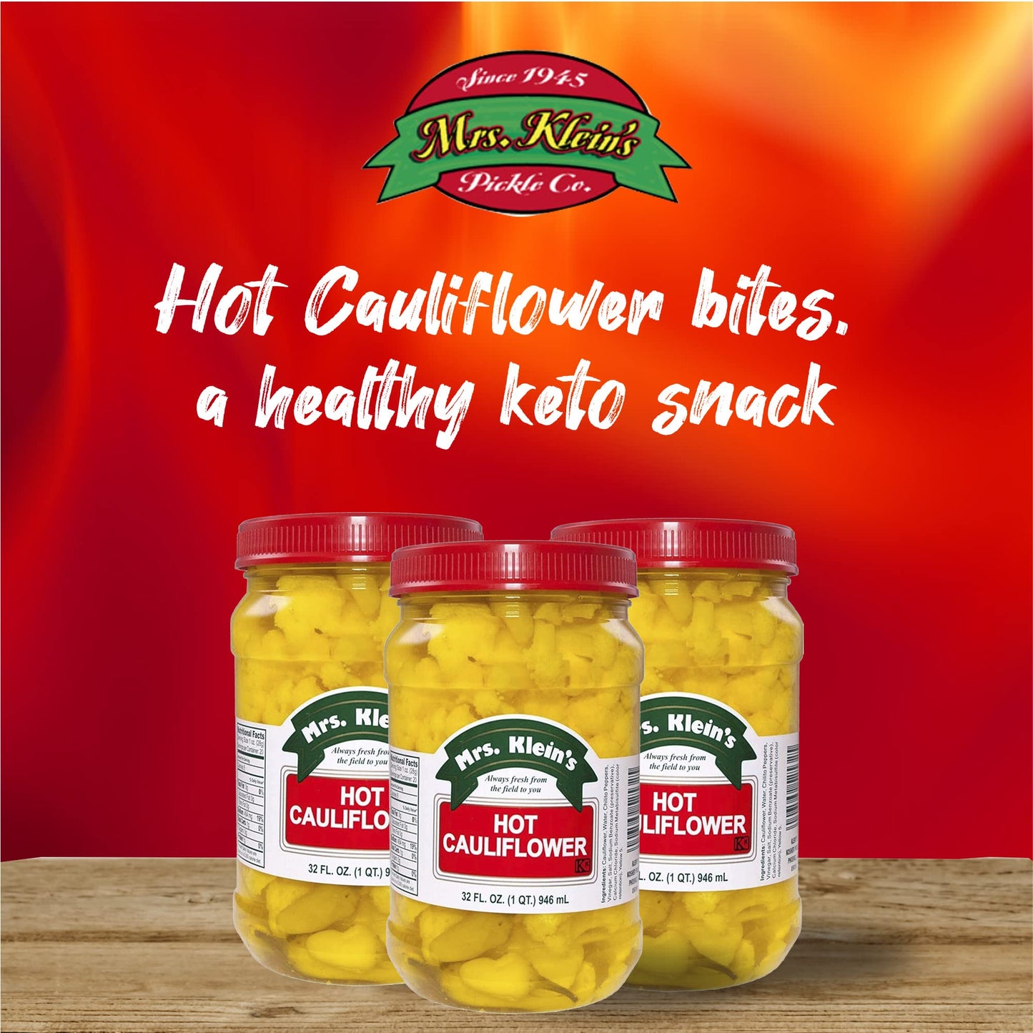 Mrs Kleins Cauliflower Bites | Hot & Spicy cauliflower florets | Unique salad toppings | Low Carb Snack | Vegan snack | Kosher, Keto Friendly & Gluten Free | Spicy Pickled Vegetables Made with Natural Ingredients | Made in the USA