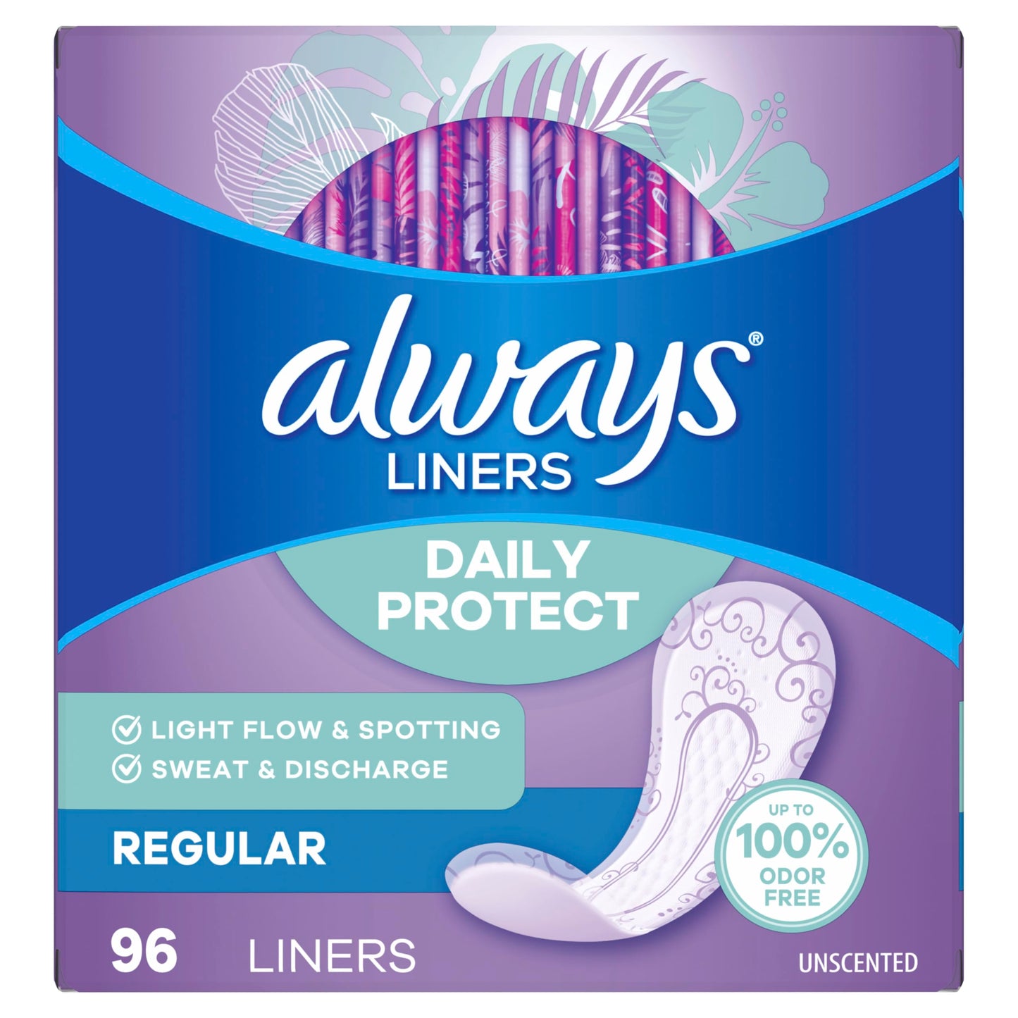 Always Panty Liners for Women Daily Protect Liners, Regular Length,96 Count